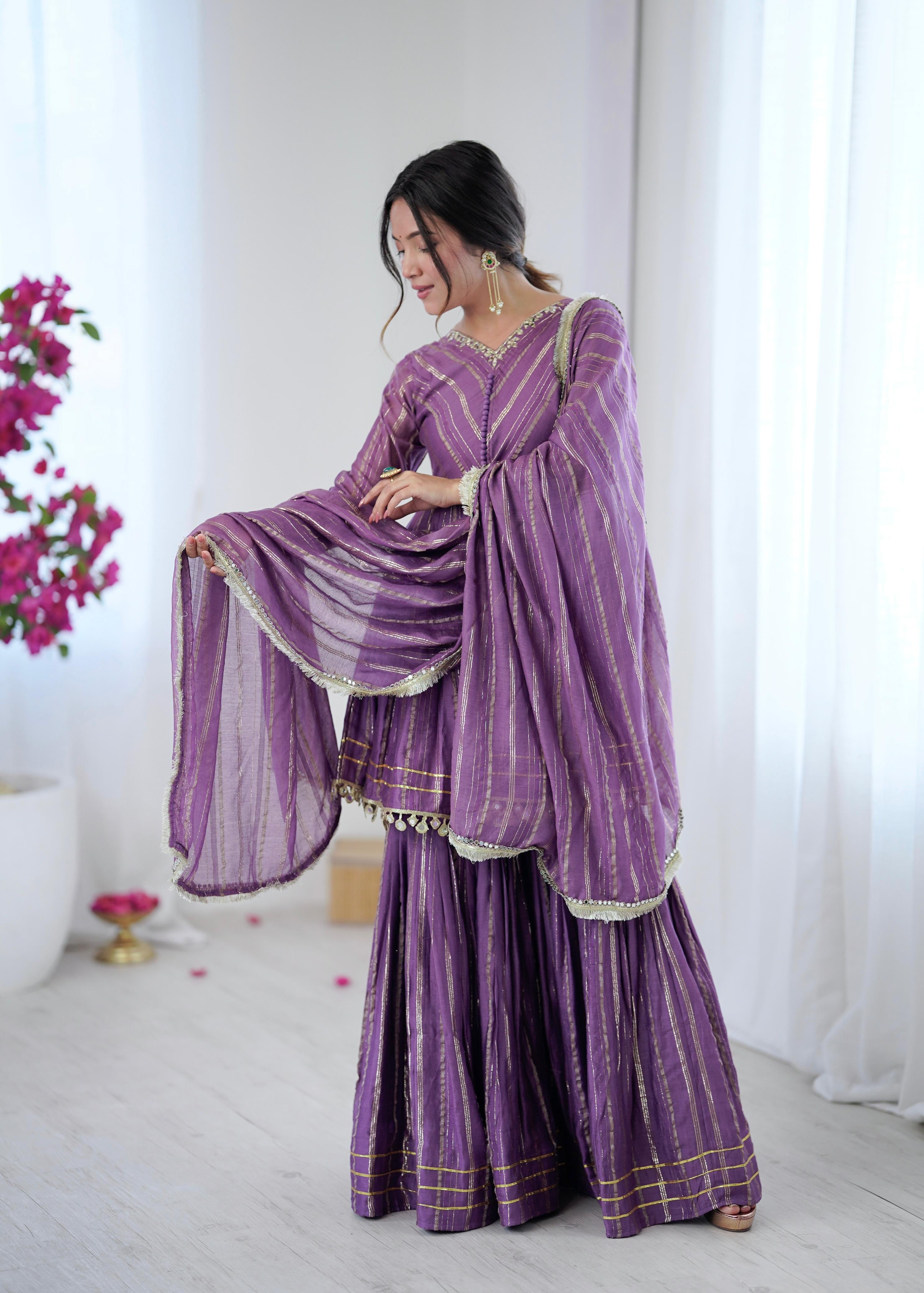 Elegant Purple Partywear Sharara Anarkali Set