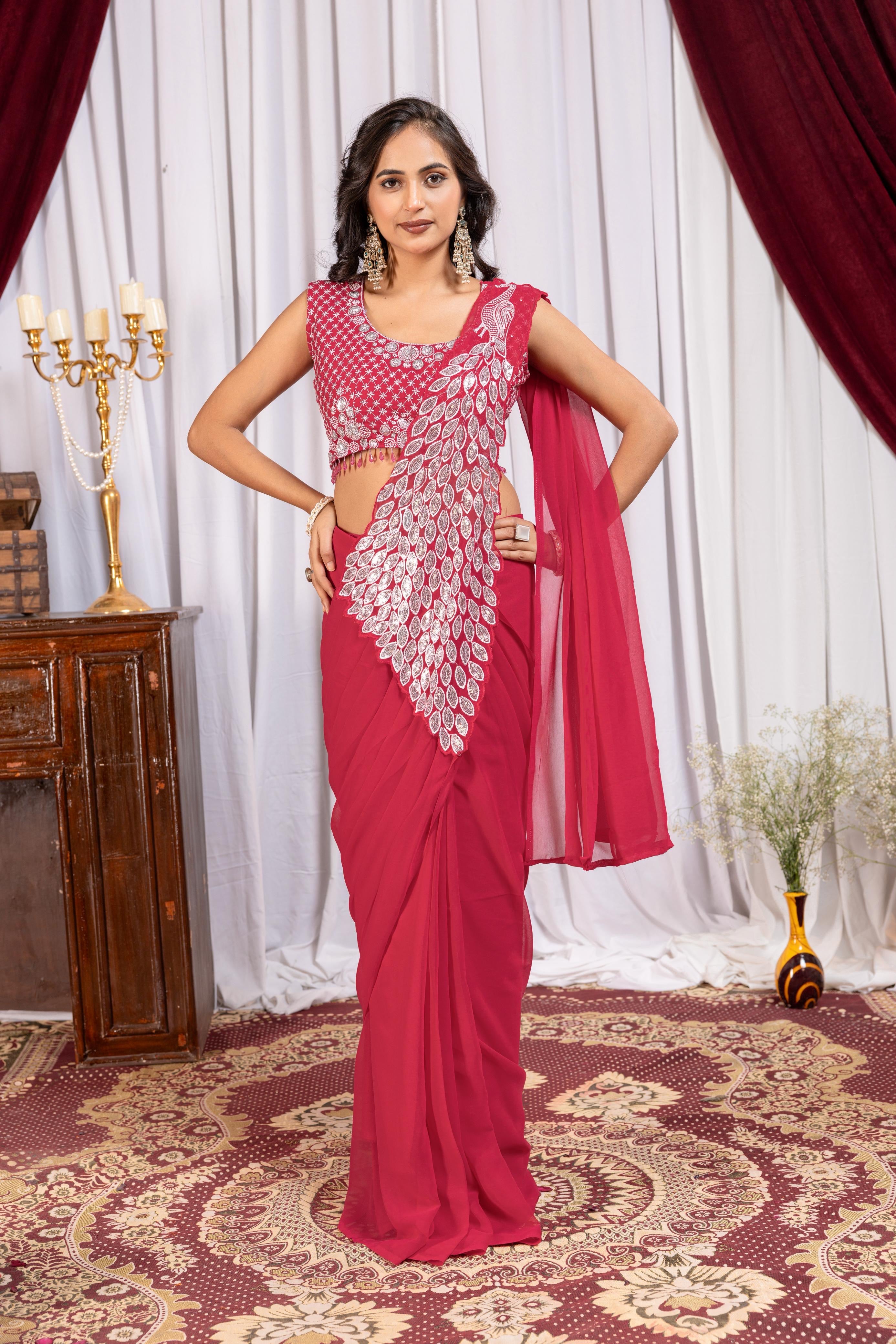 Premium Ready-to-Wear Embroidered Drape Saree with Stylish Blouse