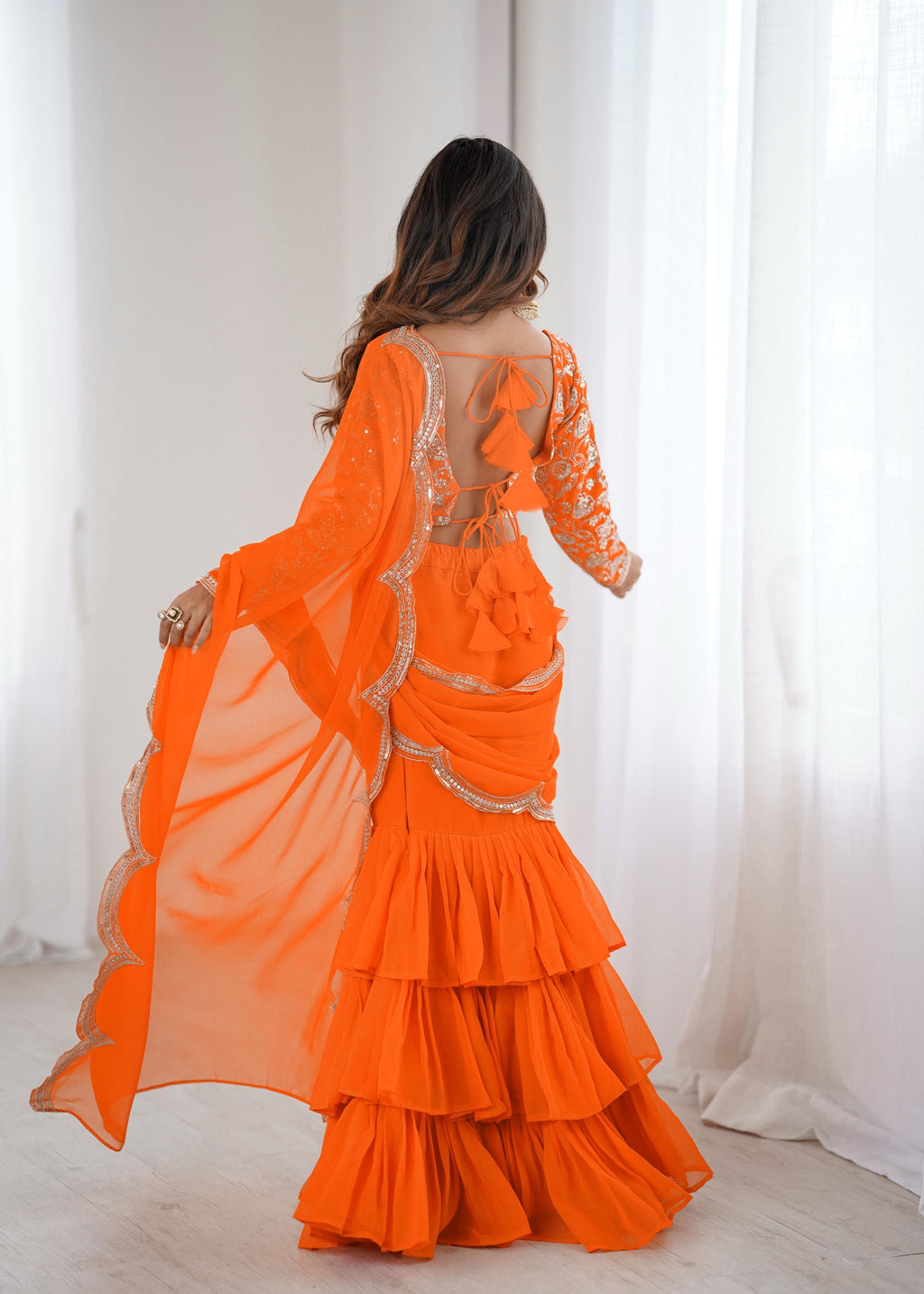 Radiant Orange Embroidered Ruffle Saree Set