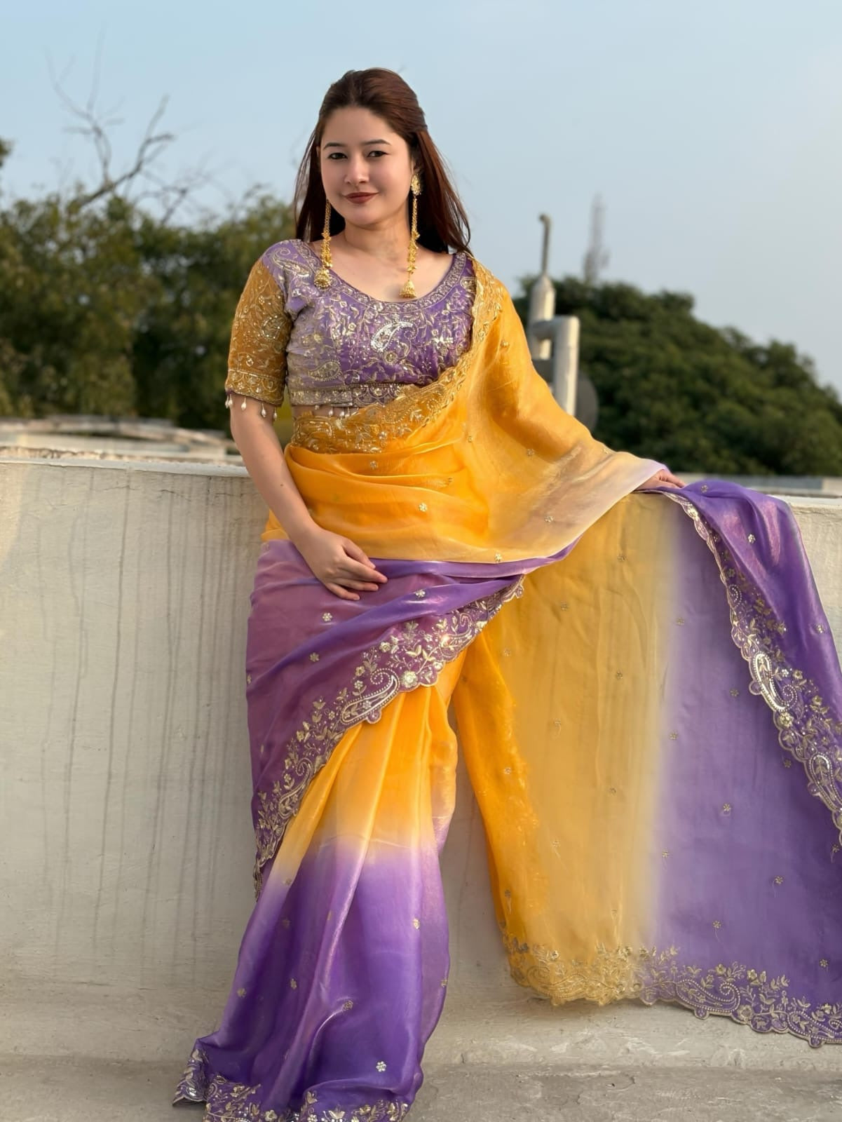 Designer Mango Zari Saree with Stitched Blouse