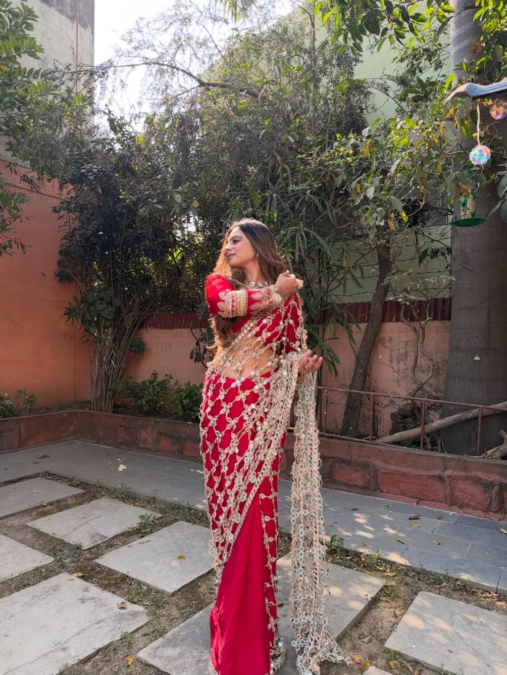 Fendy Silk Real Mirror Work Designer Saree – Red