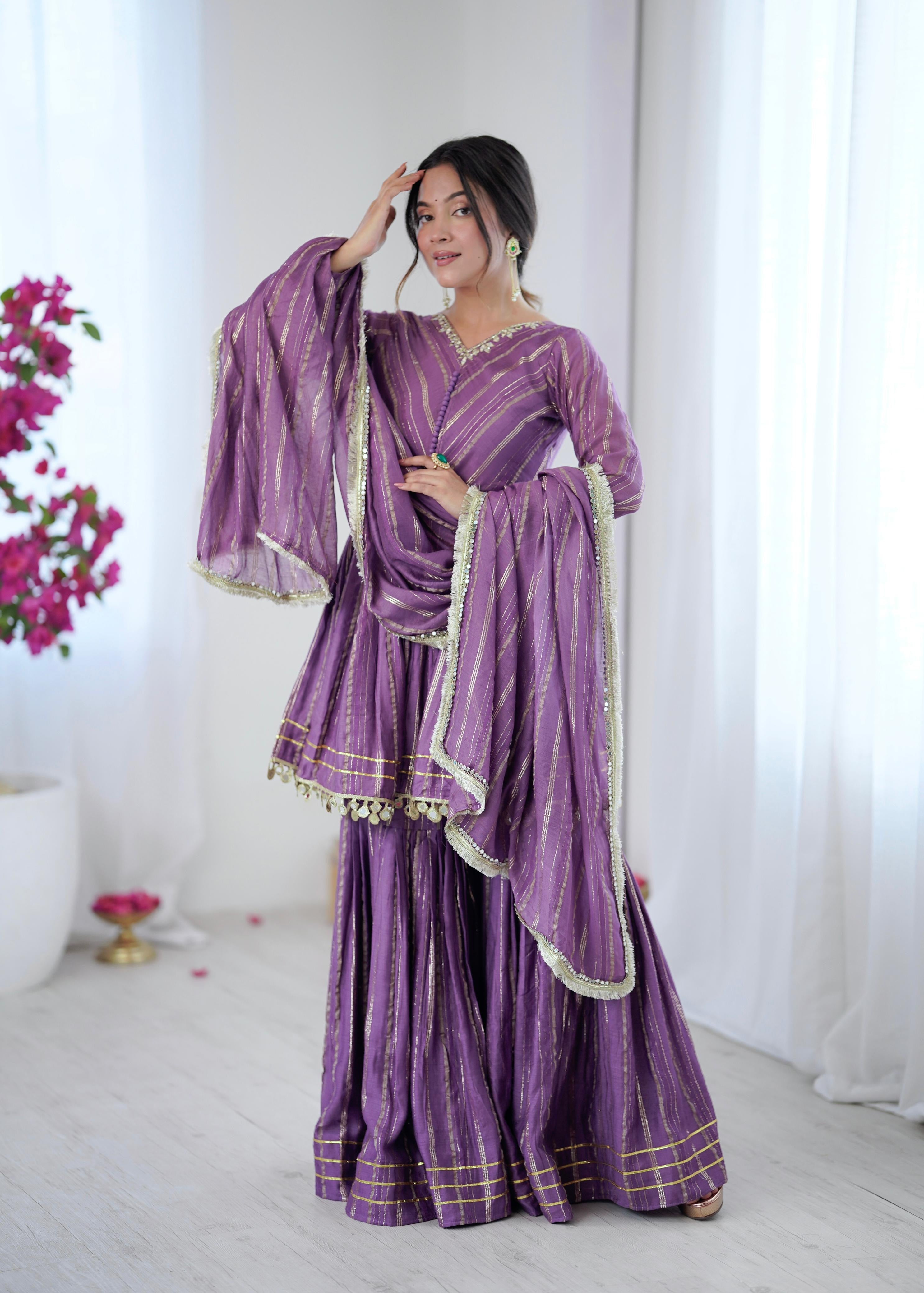 Elegant Purple Partywear Sharara Anarkali Set