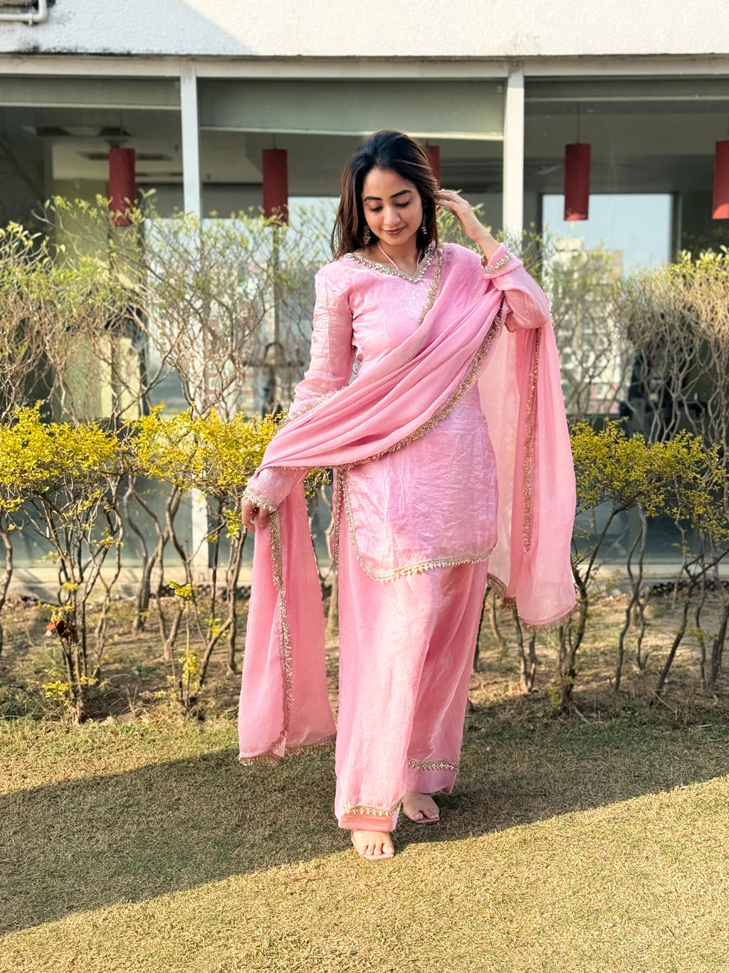 Designer Farsi Salwar Set – Fendi Satin Silk with Mirror Work