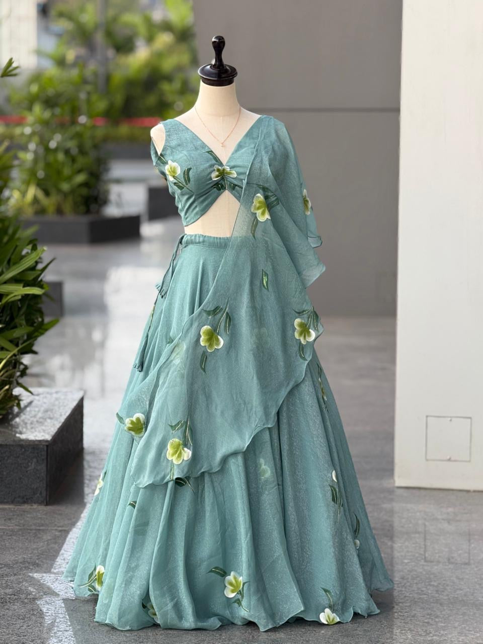 Sea Green Fandy Crush Lehenga