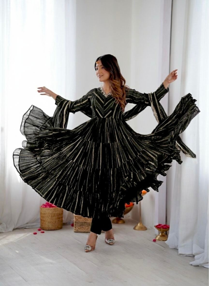 Mal Chanderi Ruffle Gown Set With Mirror Handwork Dupatta