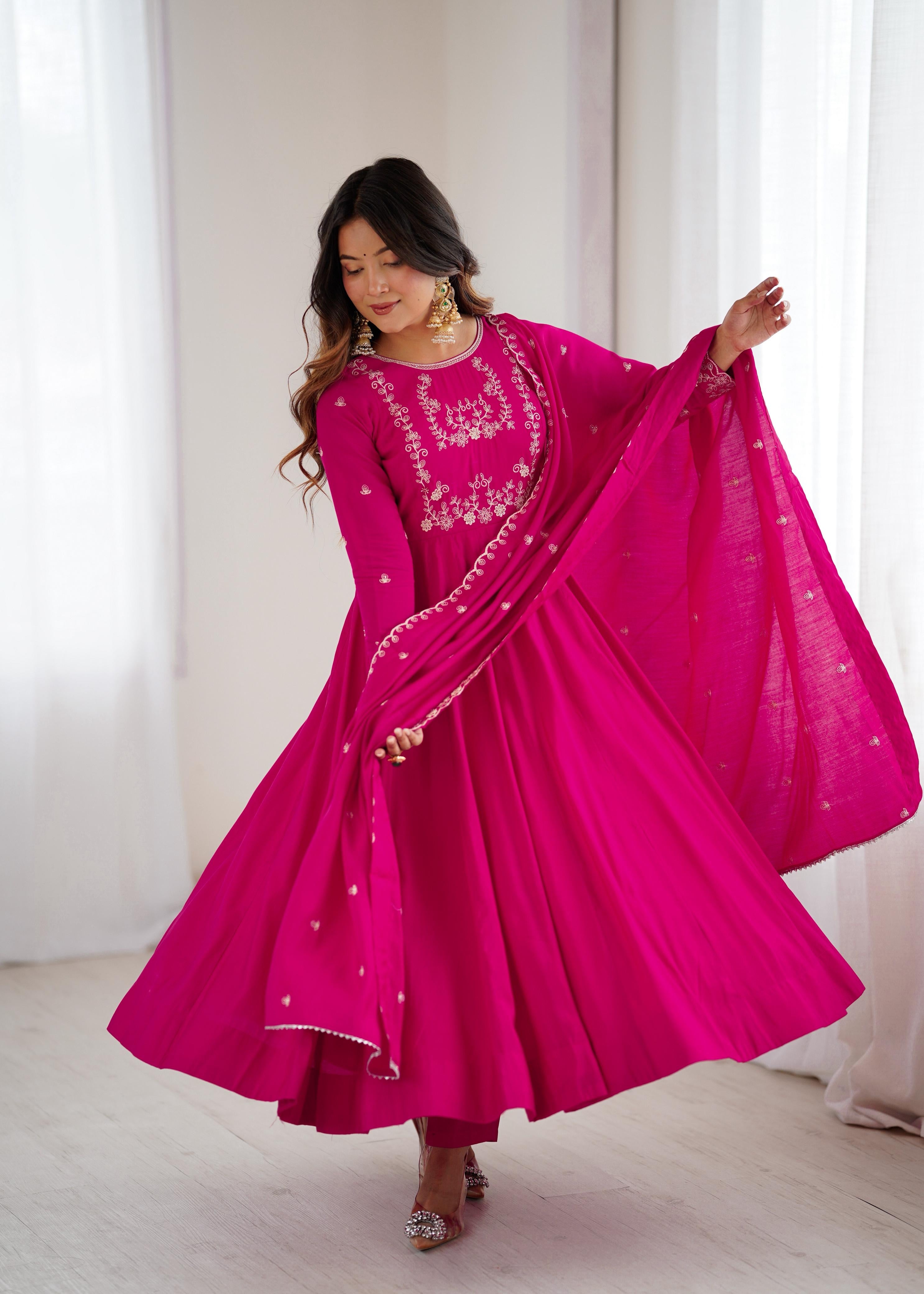 Premium Roman Chanderi Silk Anarkali Set