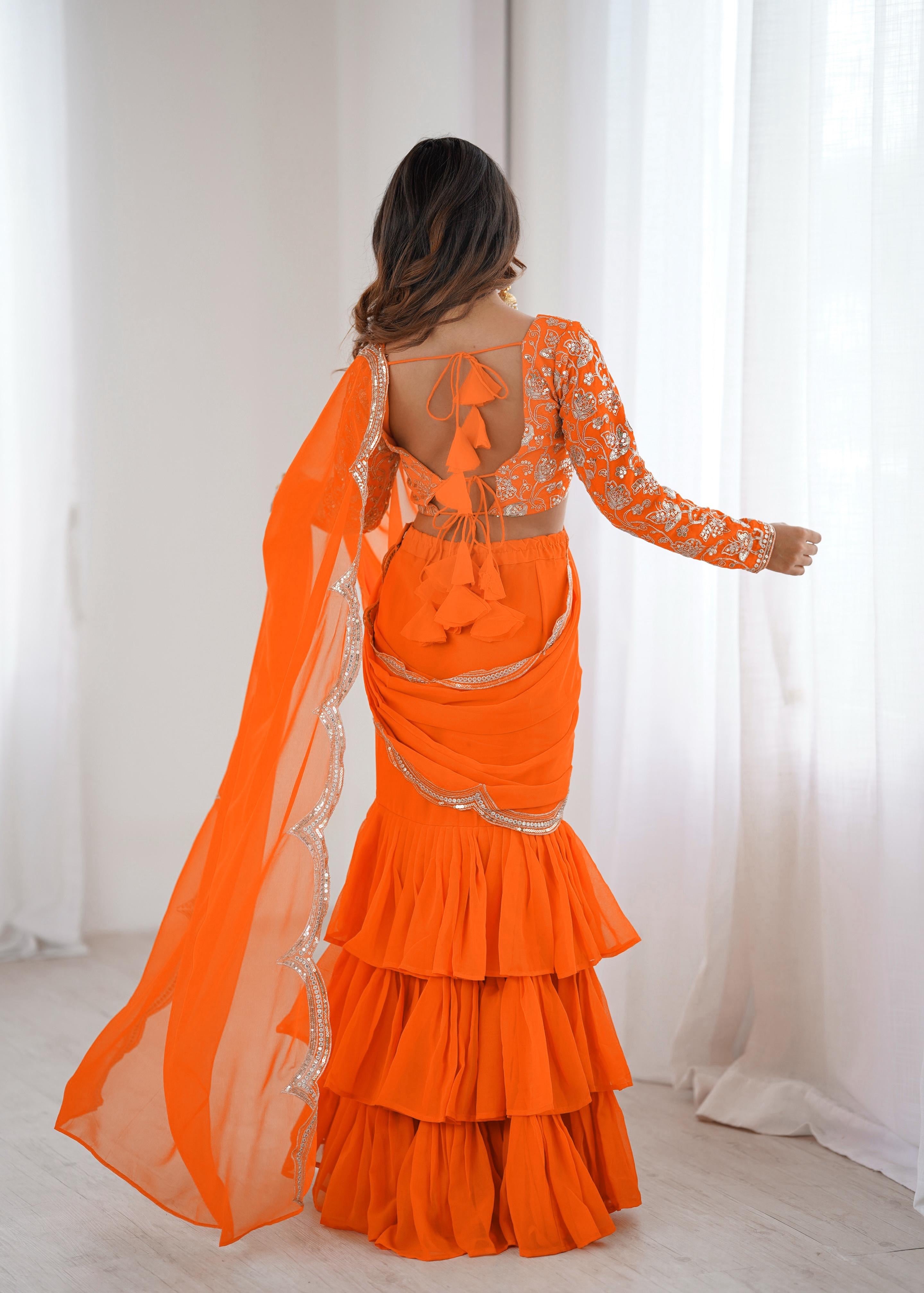 Radiant Orange Embroidered Ruffle Saree Set