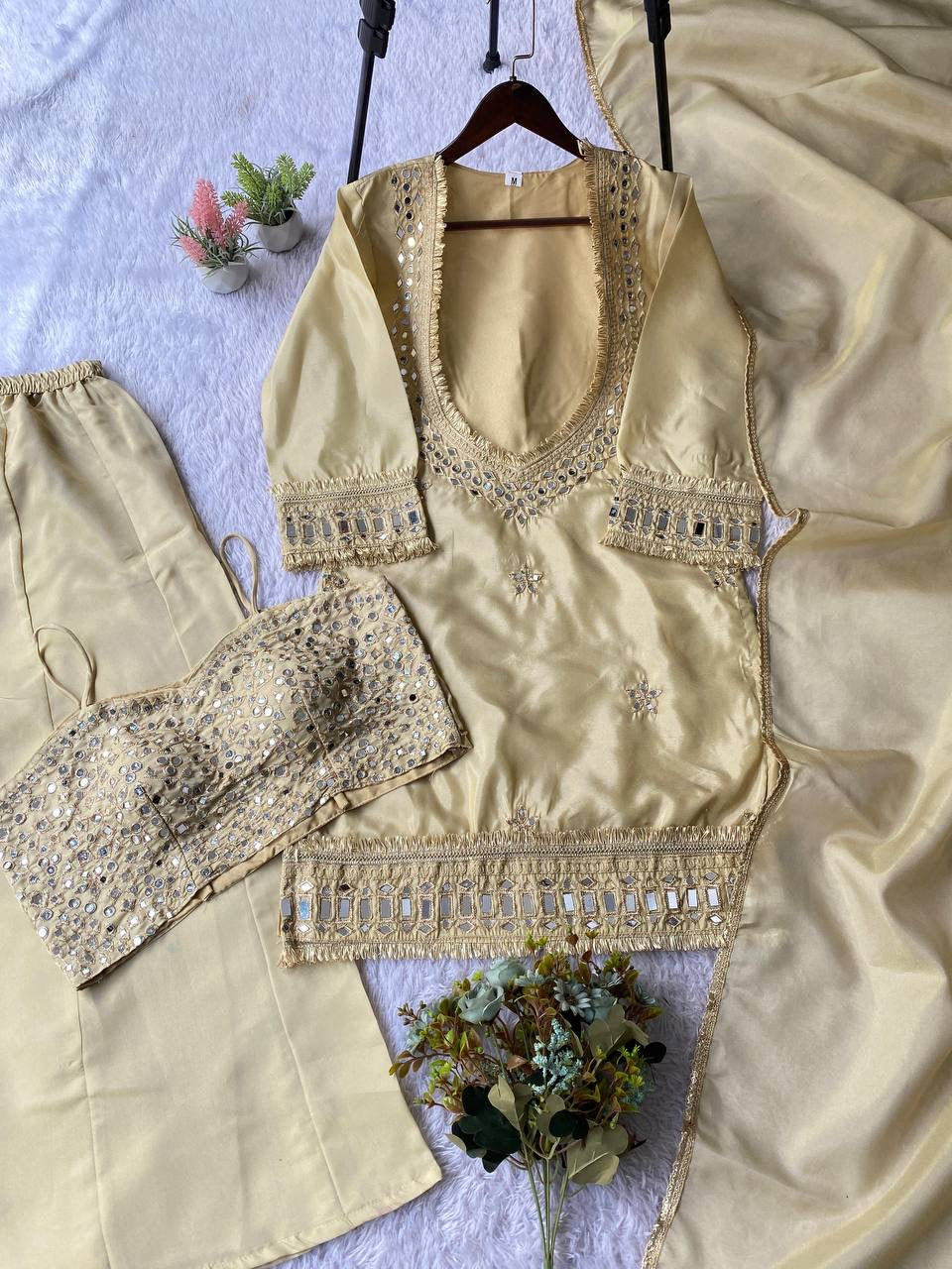 4 Piece Palazzo Set with Real Mirror Work