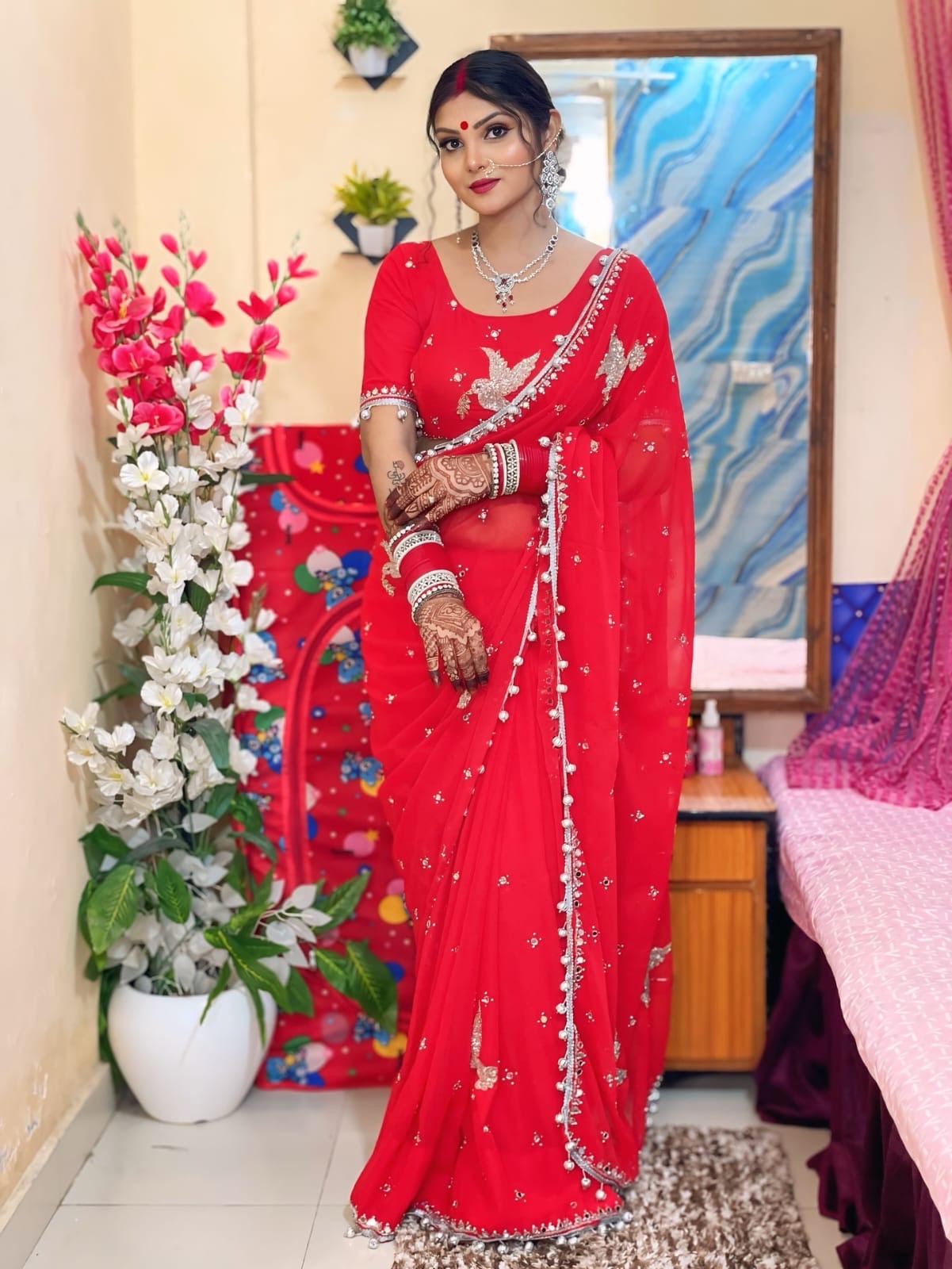 Royal Red Bridal Georgette Saree with Sparkle Embellishment