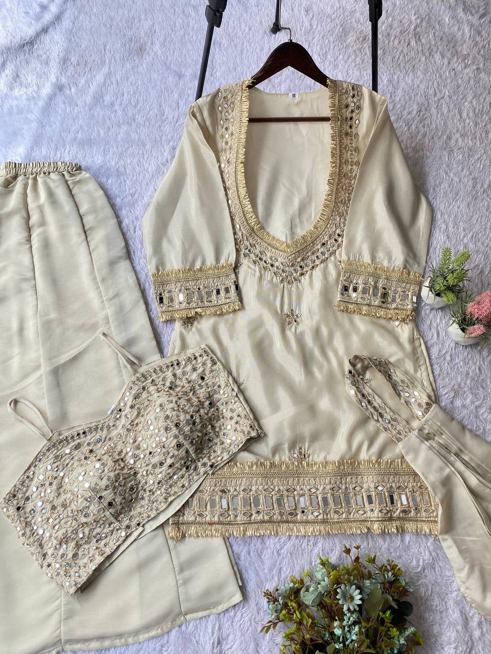 4 Piece Palazzo Set with Real Mirror Work
