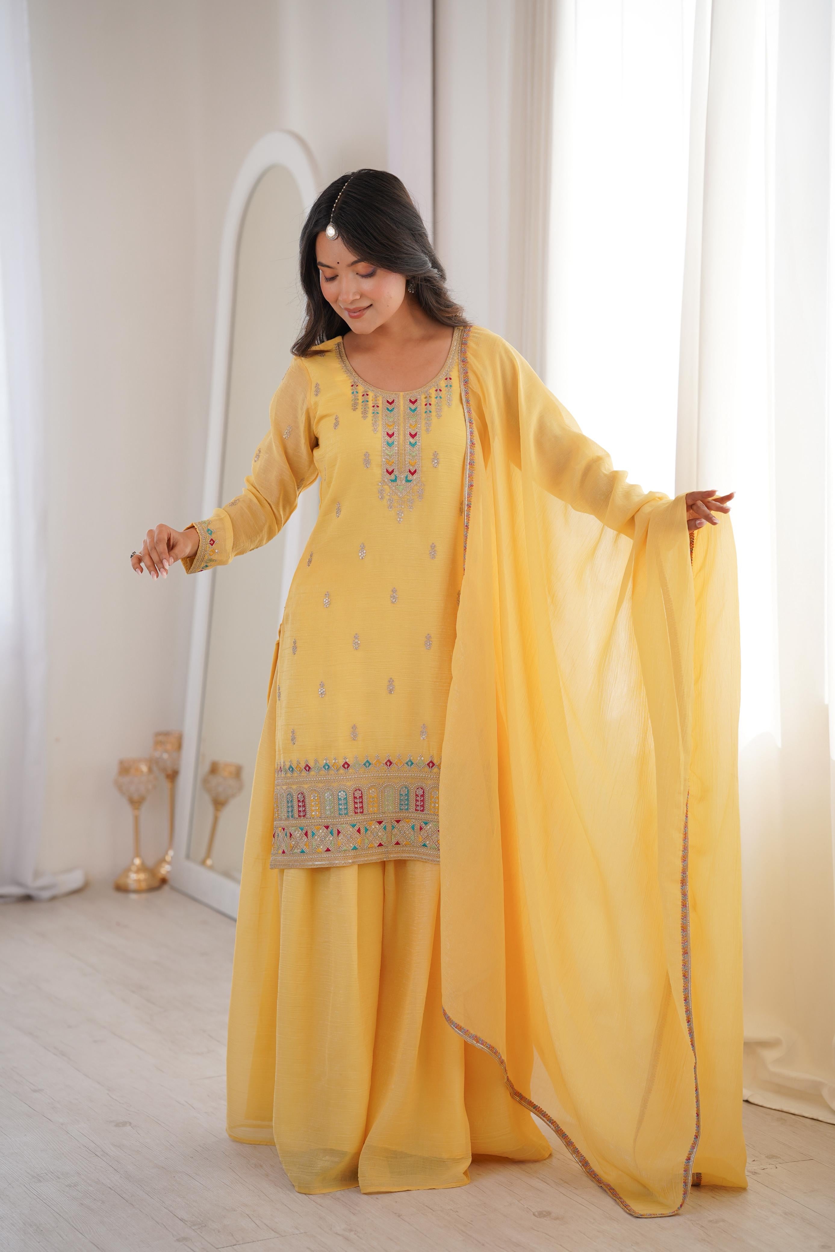 Pure Soft Crunchy Silk Sharara Set with Multicolor Embroidery