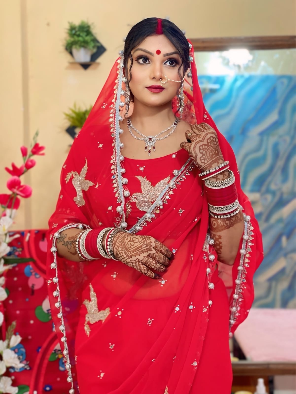 Royal Red Bridal Georgette Saree with Sparkle Embellishment