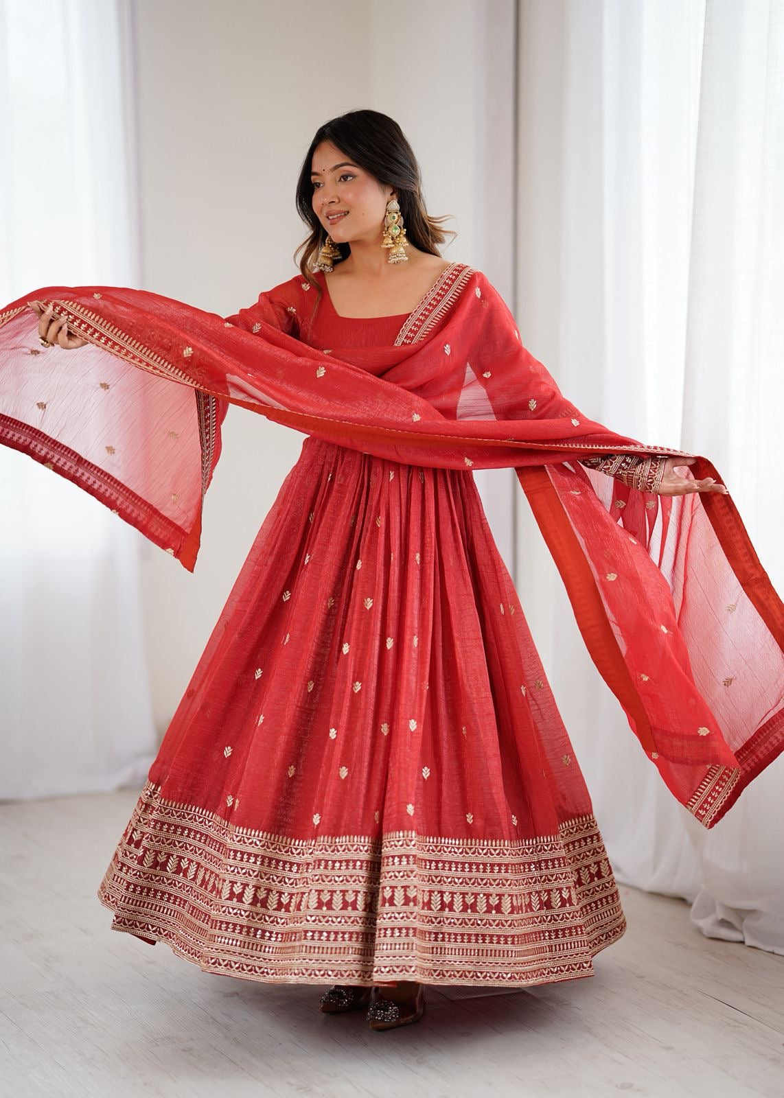 Premium Crunchy Silk Rust Anarkali With Dupatta
