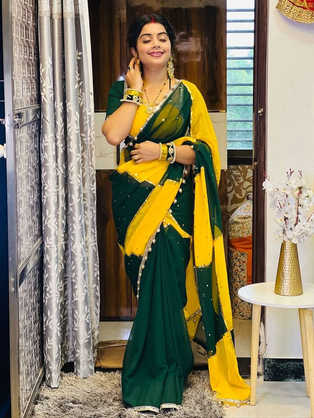 Beautiful Green–Yellow Dual Combination Saree
