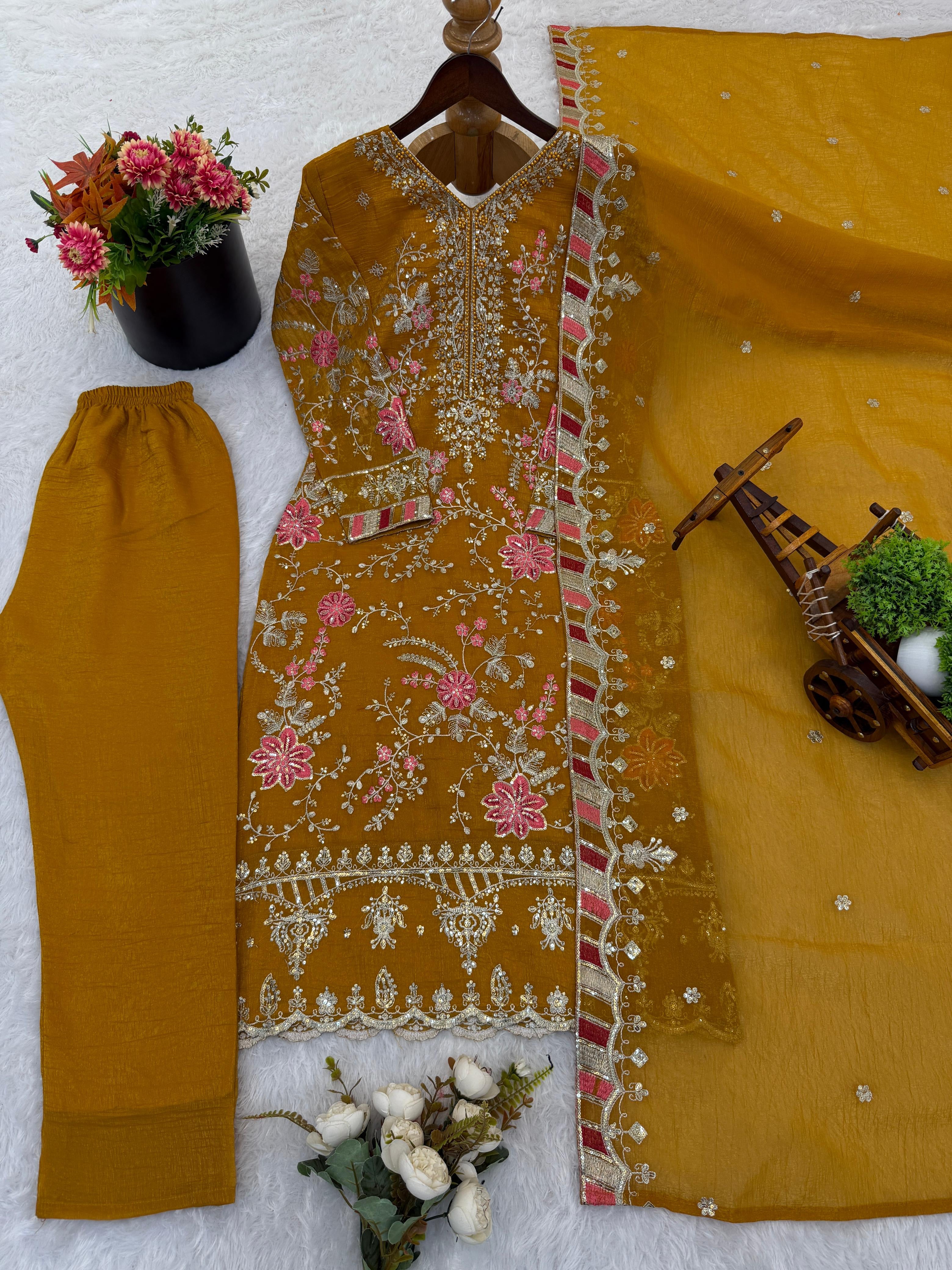 Crunchy Silk Embroidery Suit