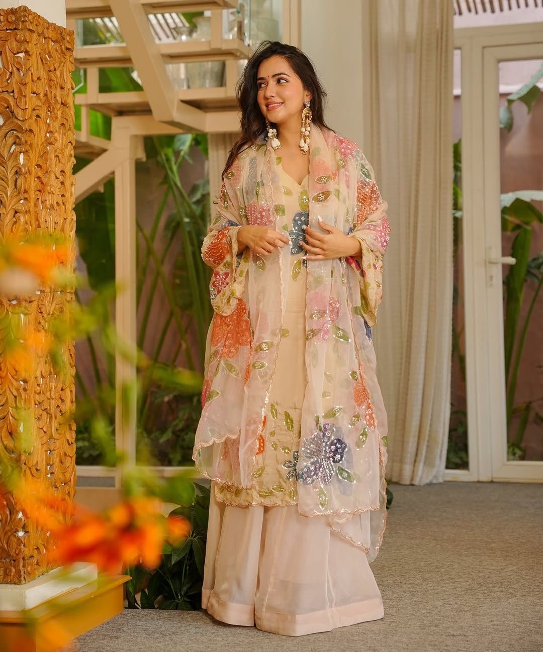 Brush Print Plazzo Set – Organza Silk Designer Outfit