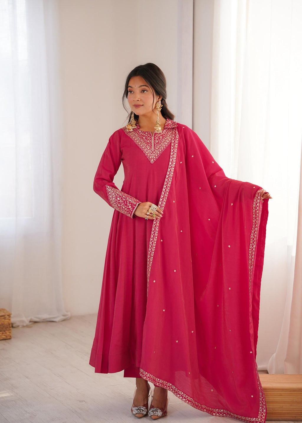 Premium Roman Shimmer Silk Anarkali Set with Dupatta & Pant