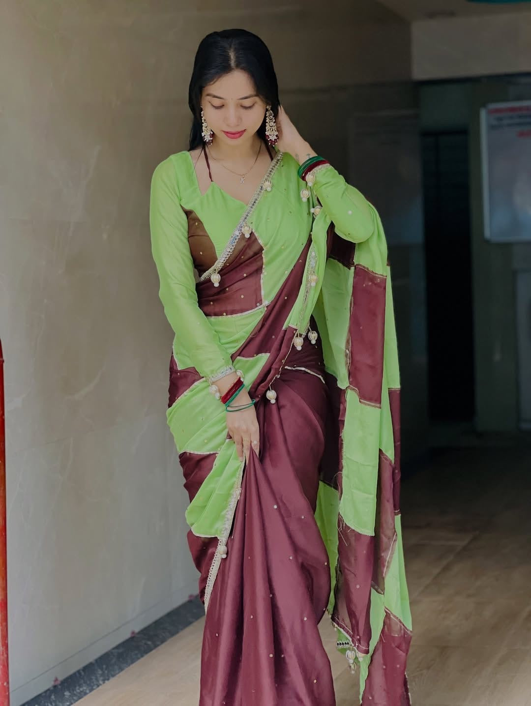 Dual-Tone Premium Georgette Saree — Green & Maroon