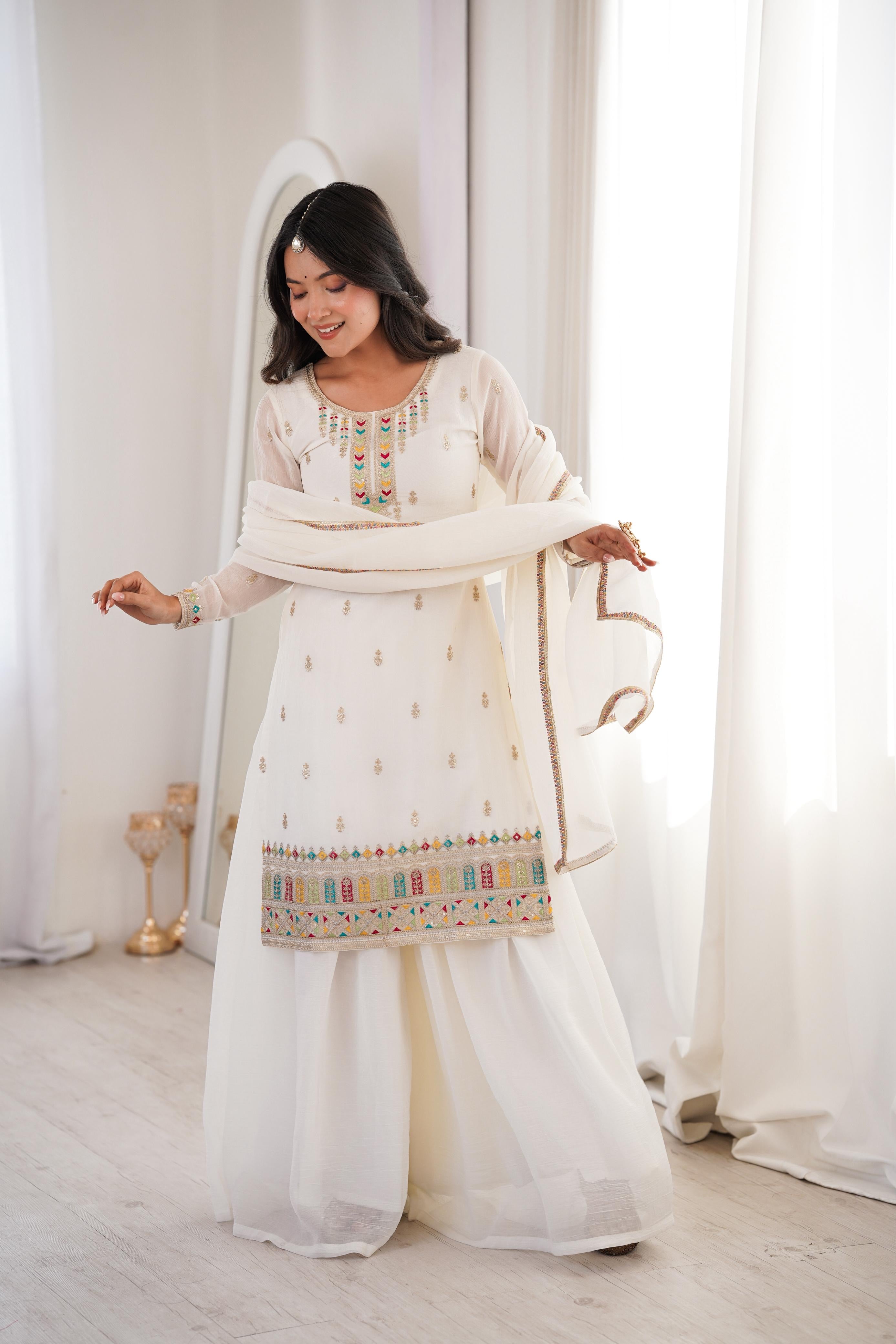 Pure Soft Crunchy Silk Sharara Set with Multicolor Embroidery