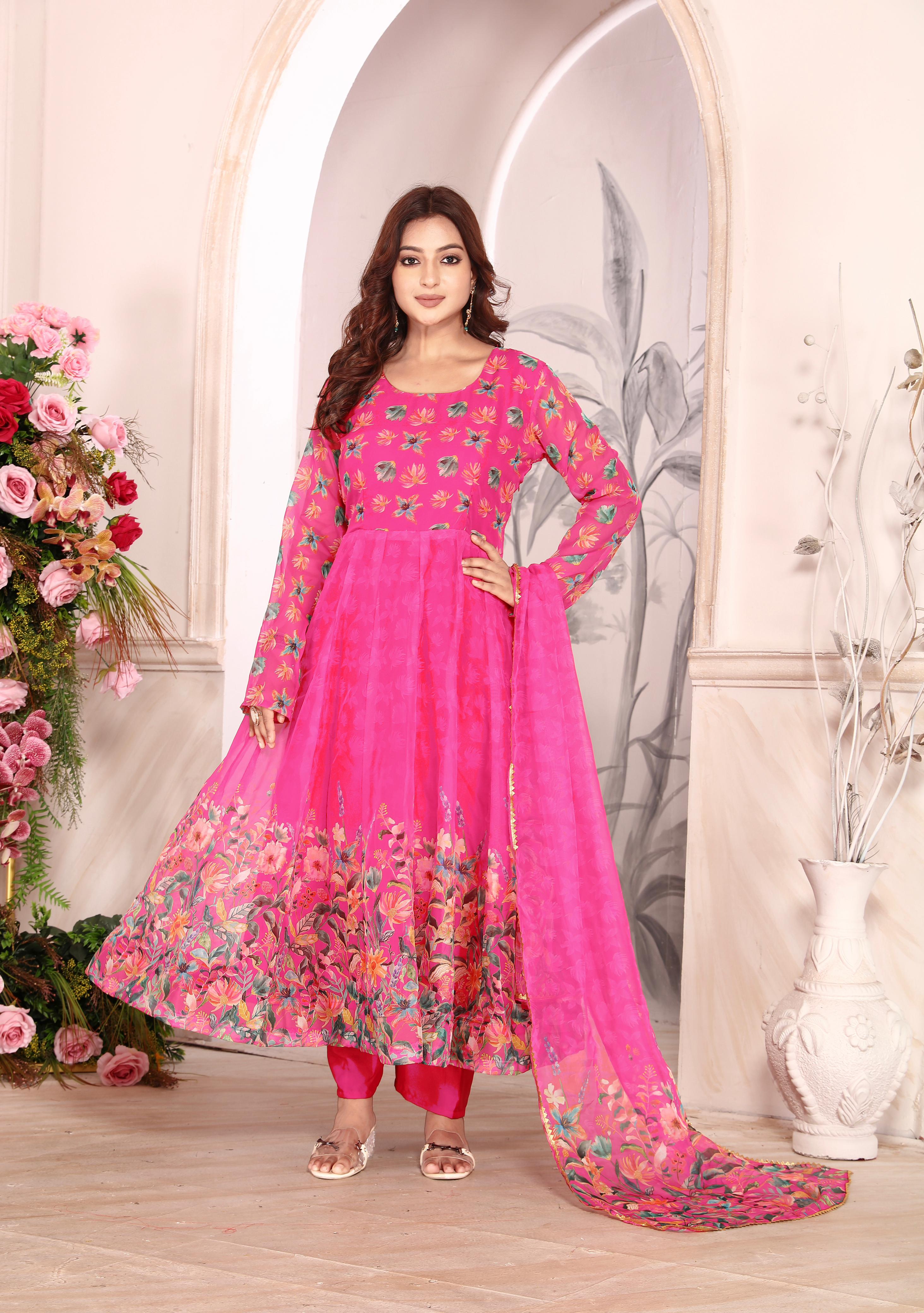Pure Heavy Tebby Silk Floral Anarkali Pant Dupatta Set