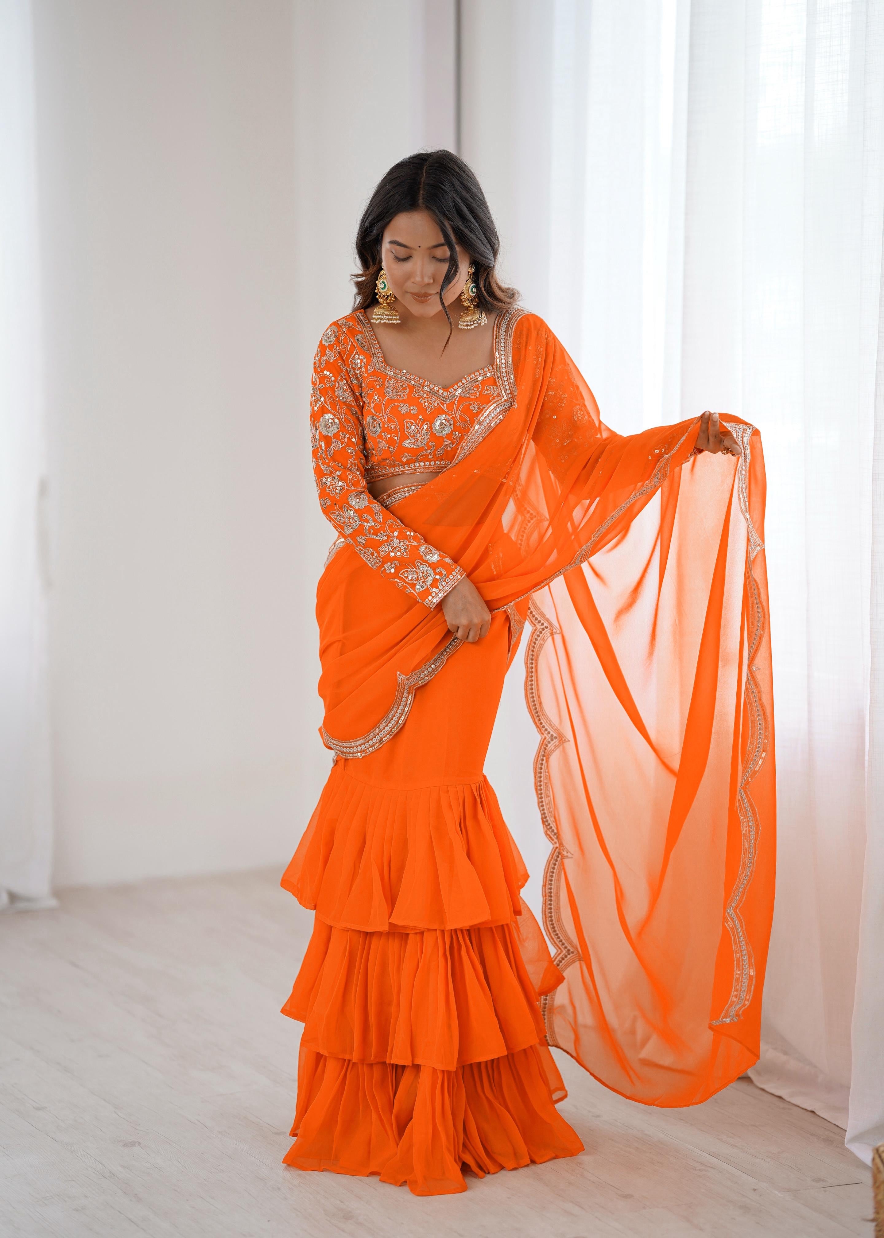 Radiant Orange Embroidered Ruffle Saree Set