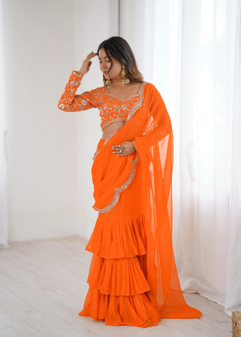 Radiant Orange Embroidered Ruffle Saree Set