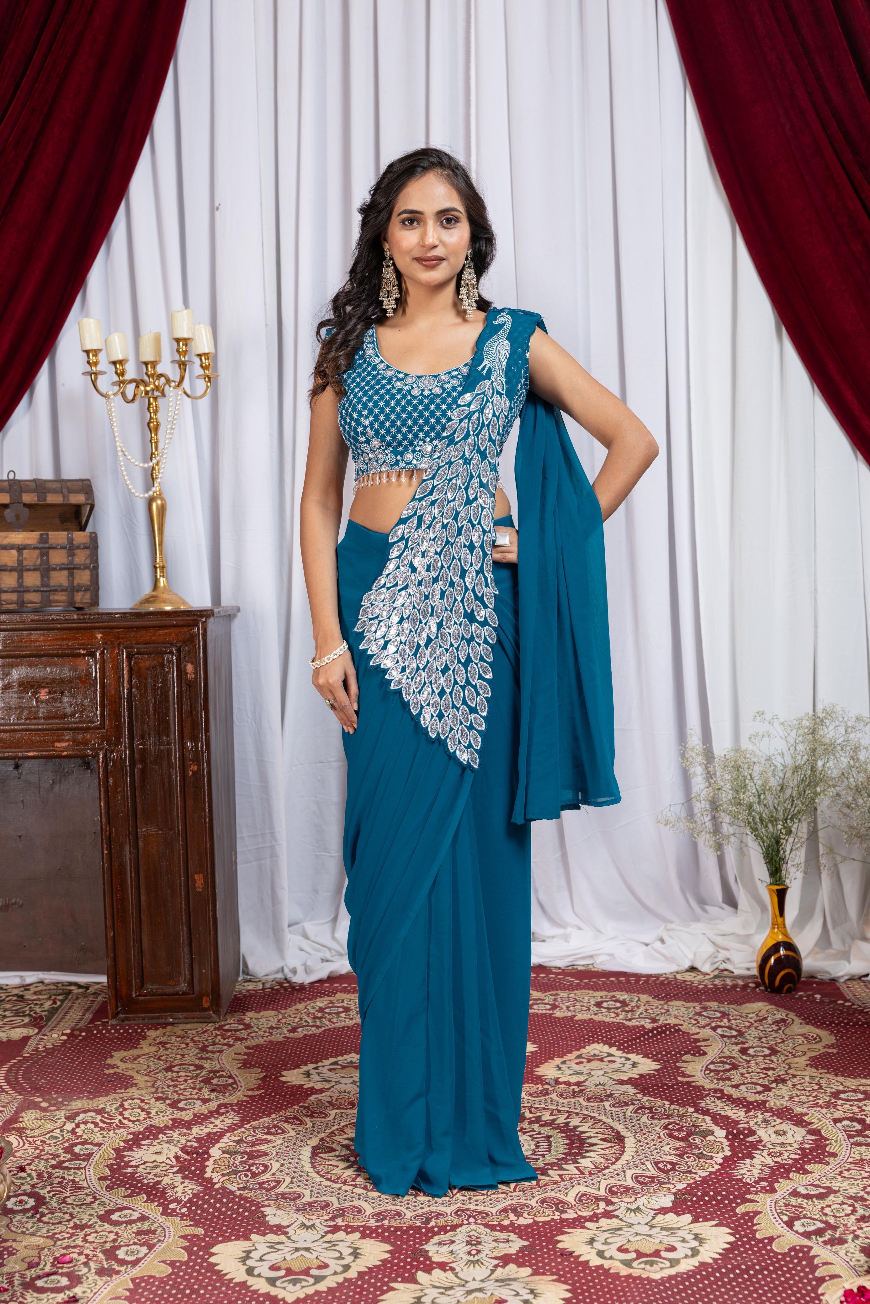 Premium Ready-to-Wear Embroidered Drape Saree with Stylish Blouse