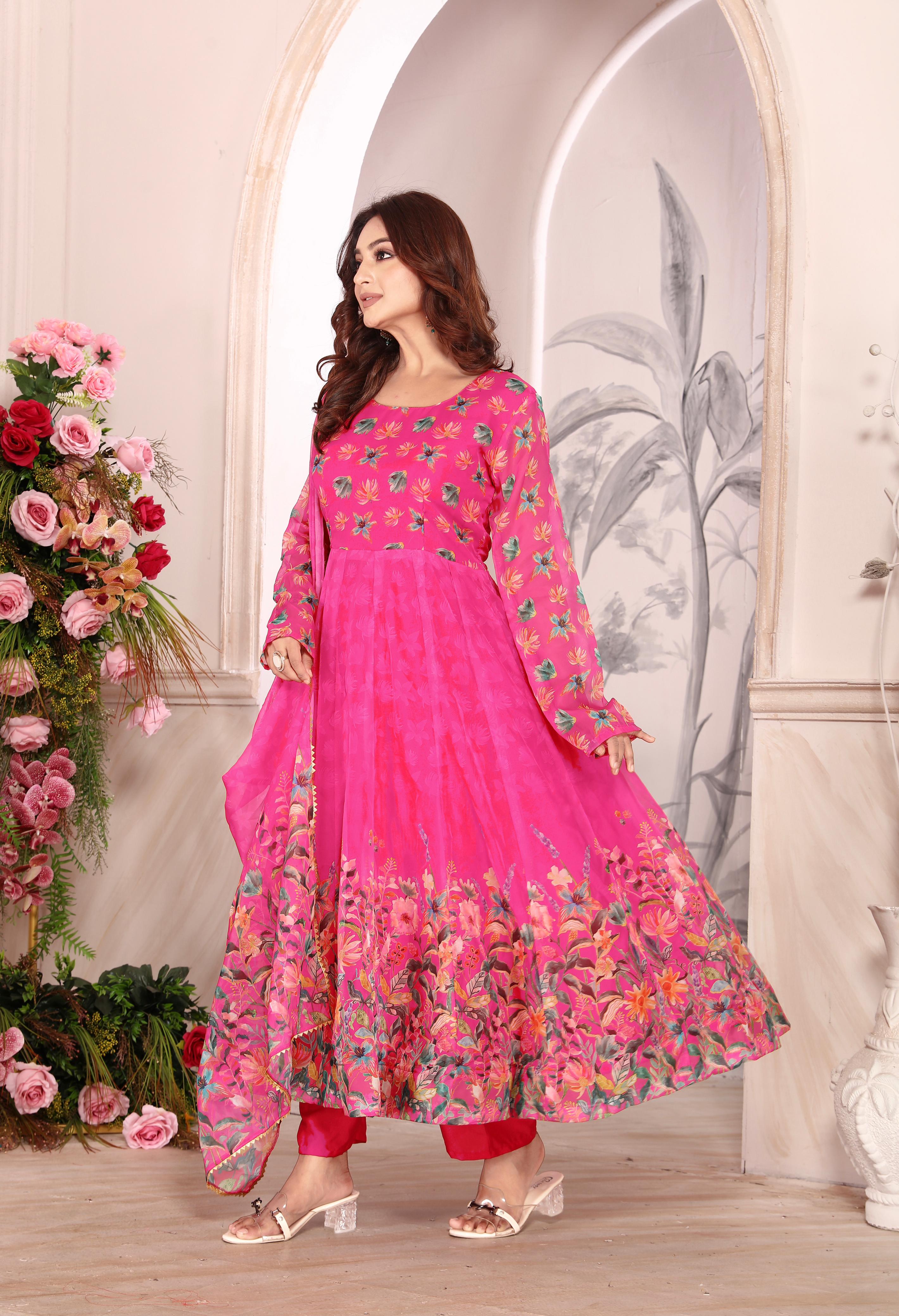 Pure Heavy Tebby Silk Floral Anarkali Pant Dupatta Set