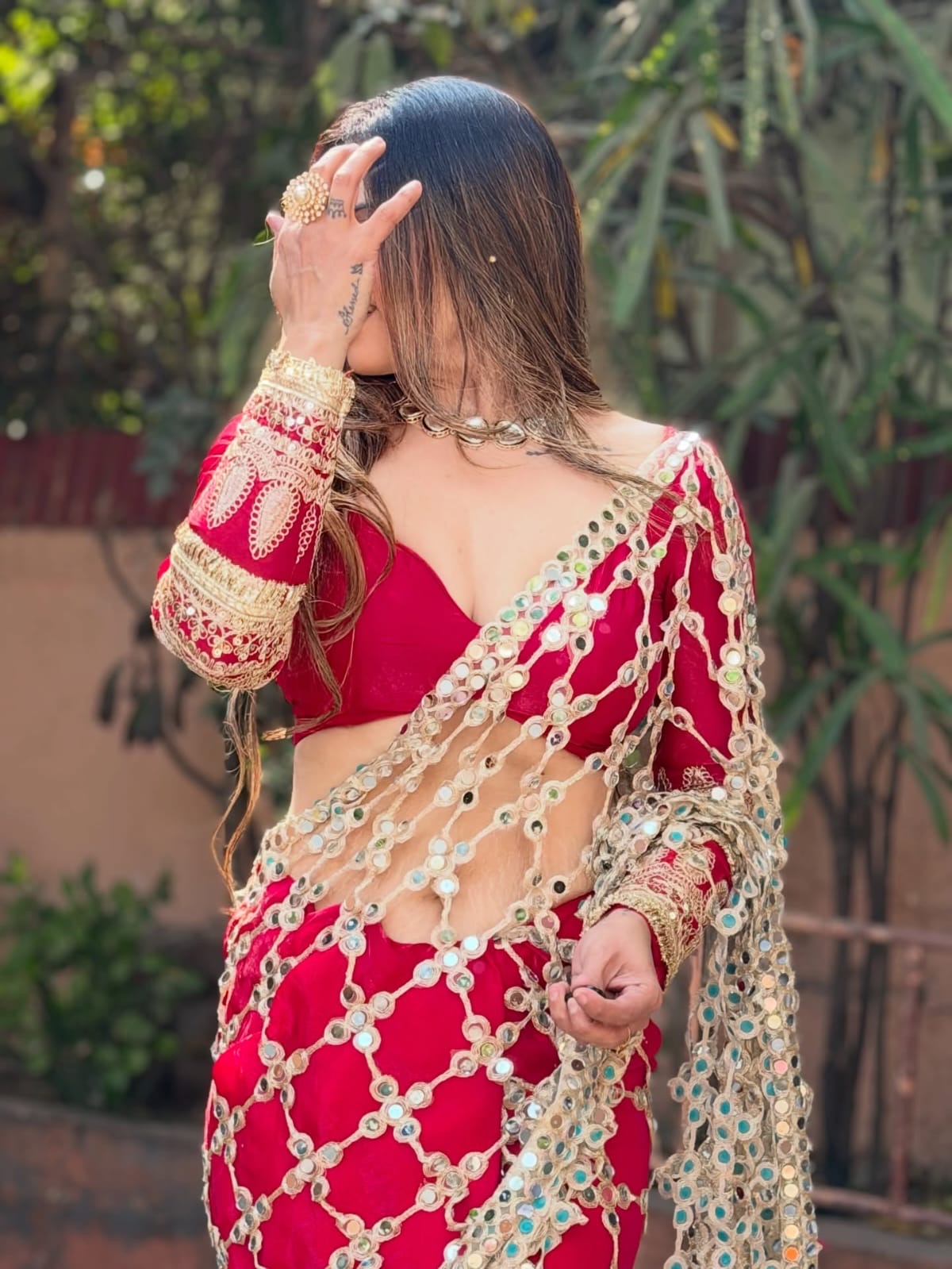 Fendy Silk Real Mirror Work Designer Saree – Red