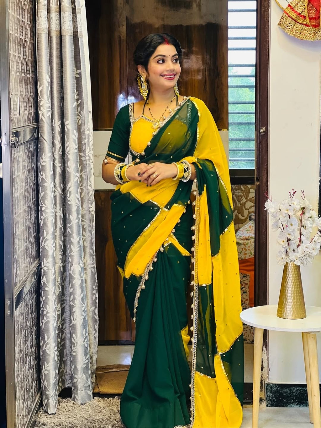 Beautiful Green–Yellow Dual Combination Saree