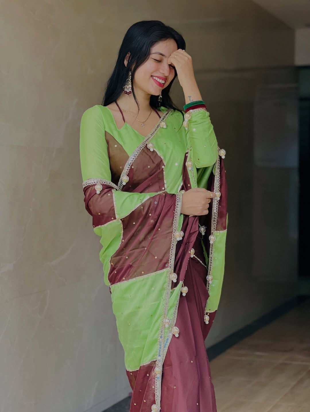 Dual-Tone Premium Georgette Saree — Green & Maroon