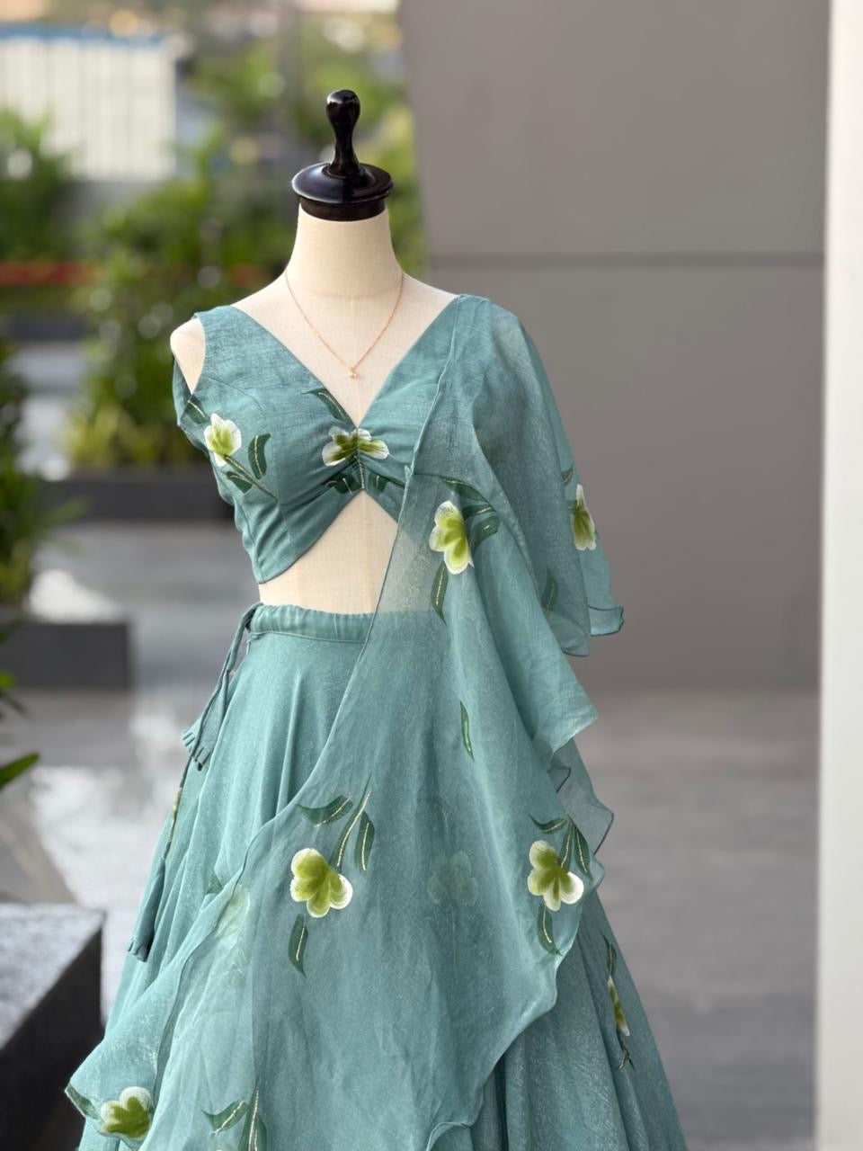 Sea Green Fandy Crush Lehenga