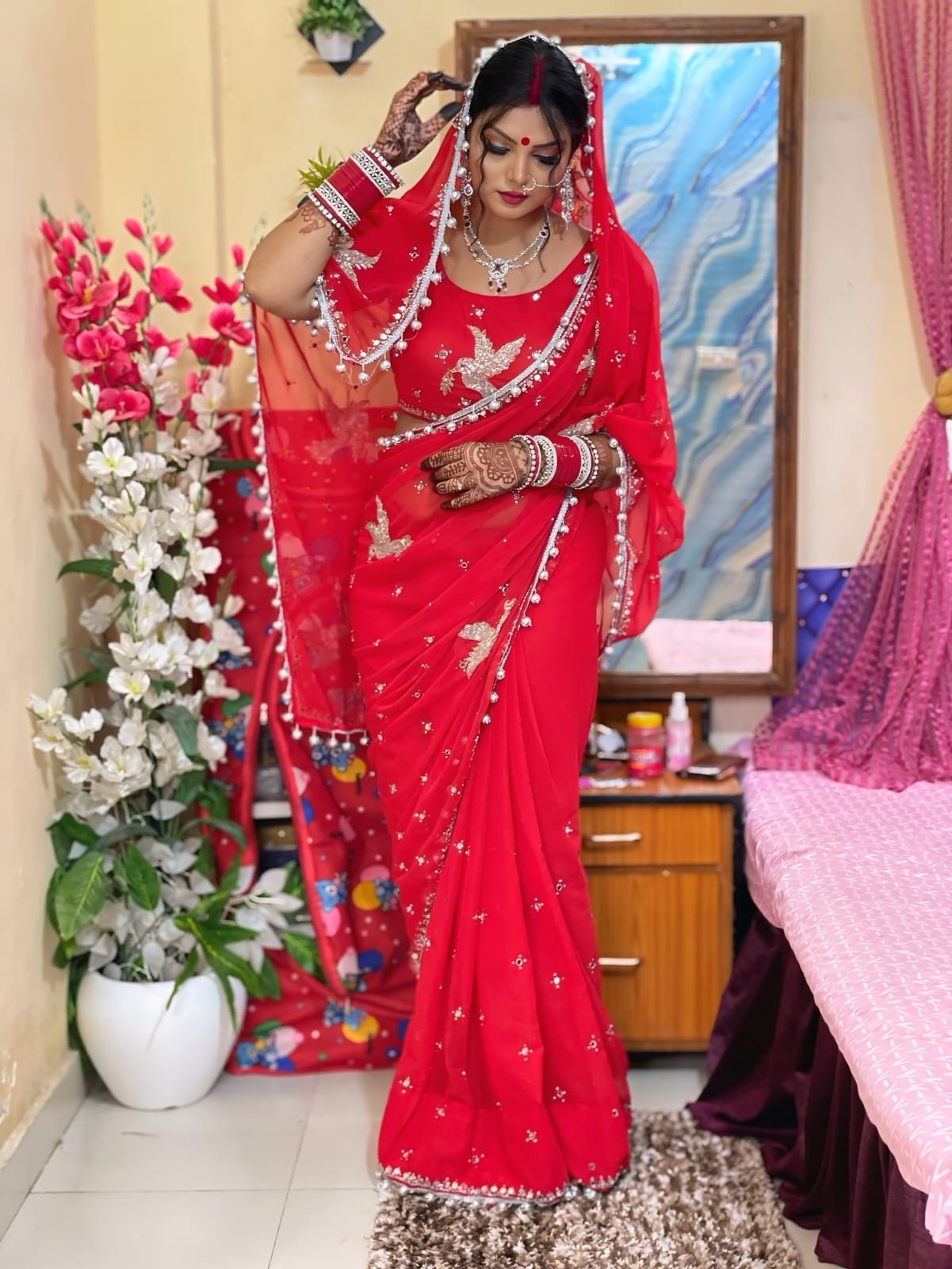 Royal Red Bridal Georgette Saree with Sparkle Embellishment