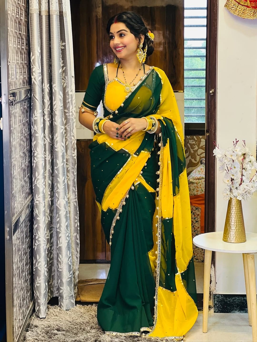 Beautiful Green–Yellow Dual Combination Saree