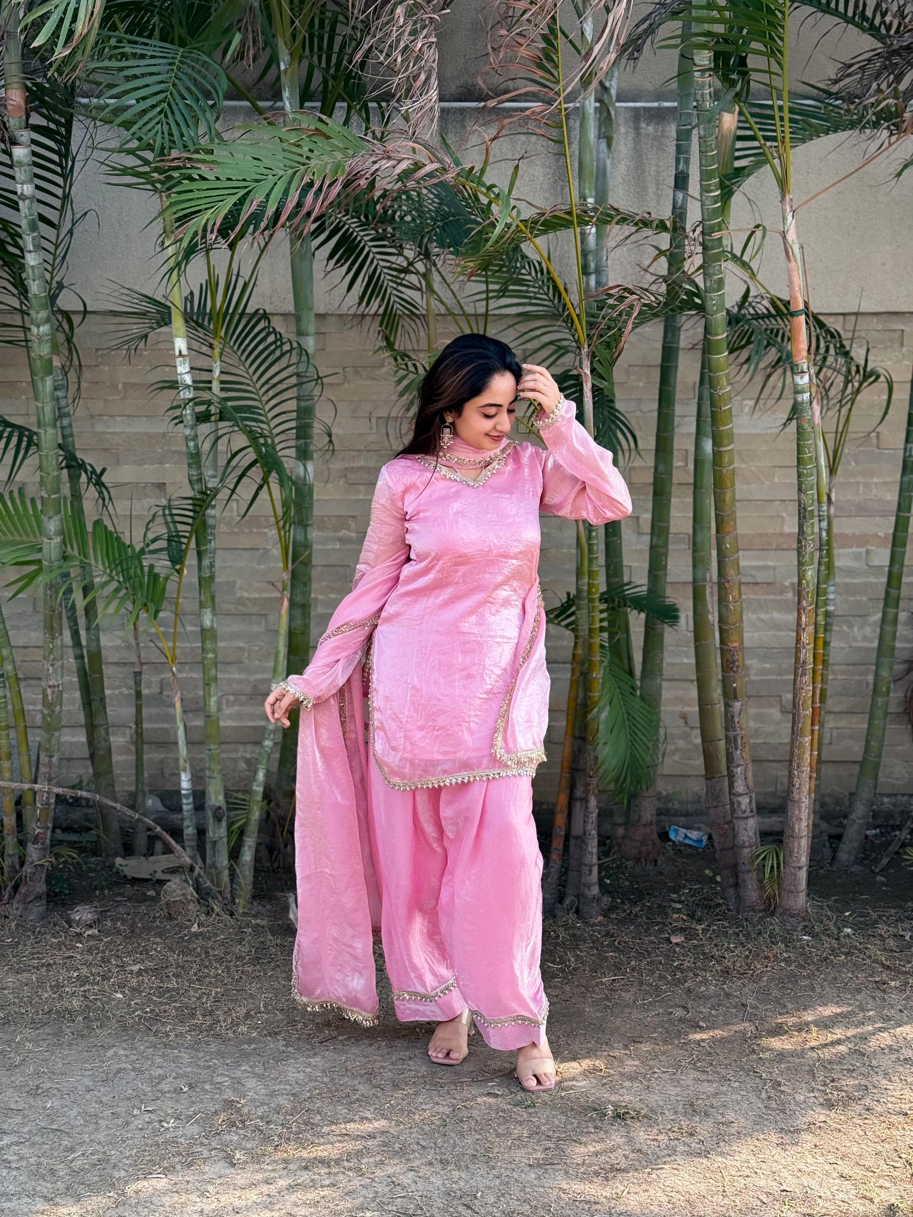 Designer Farsi Salwar Set – Fendi Satin Silk with Mirror Work