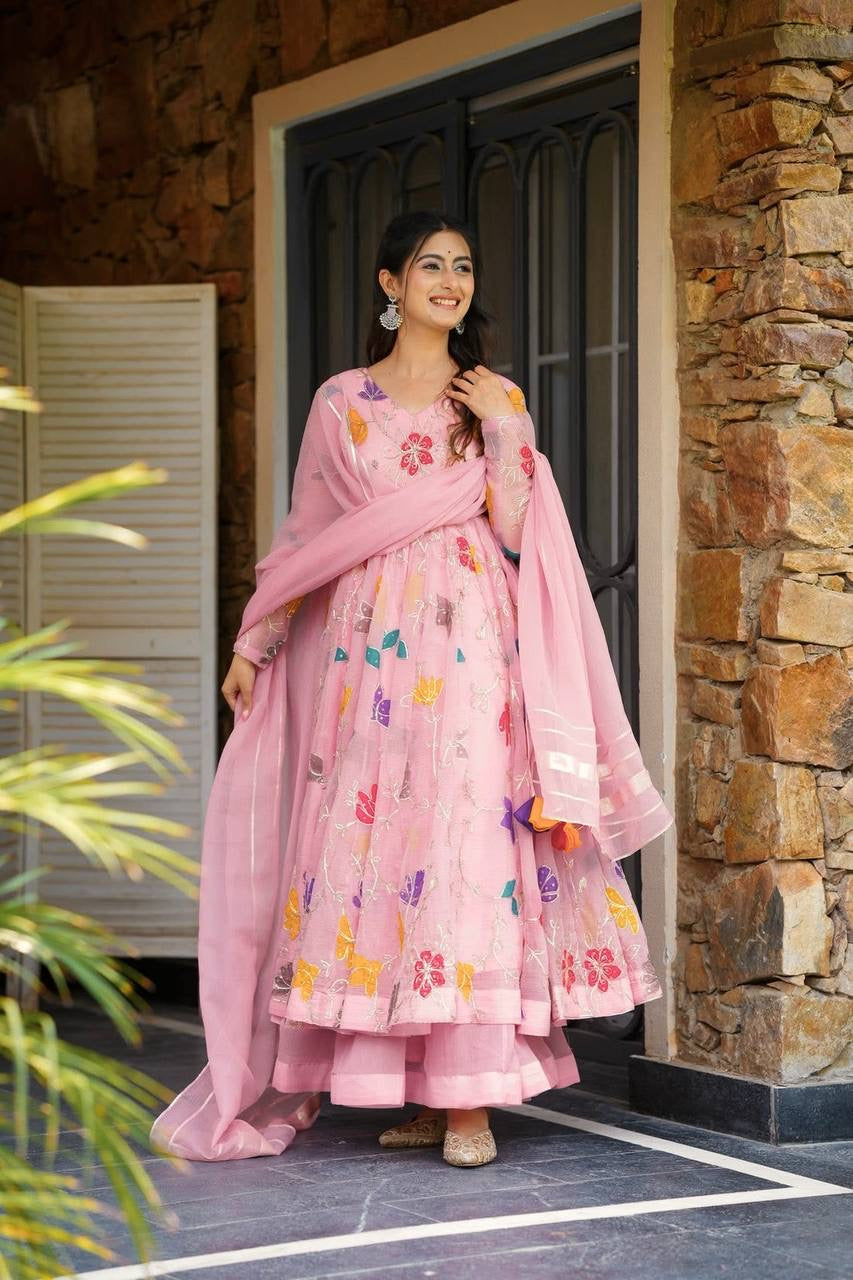 Floral Embroidered Gown Sharara Set – Star Georgette Designer Wear