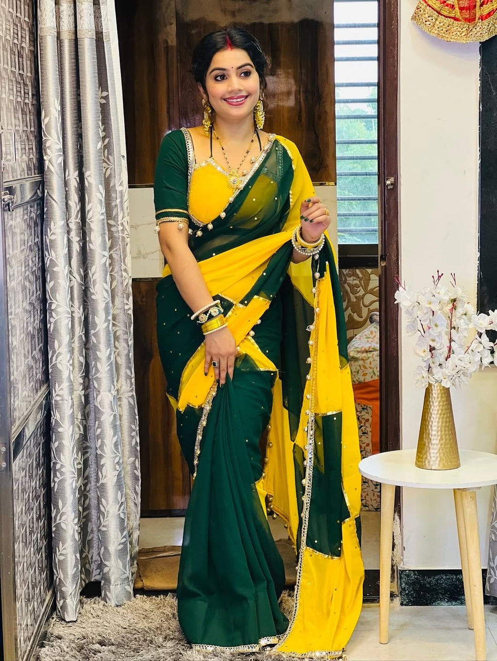 Beautiful Green–Yellow Dual Combination Saree