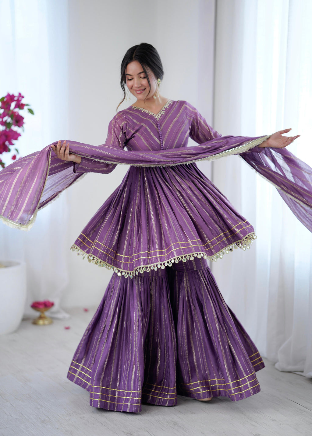 Elegant Purple Partywear Sharara Anarkali Set