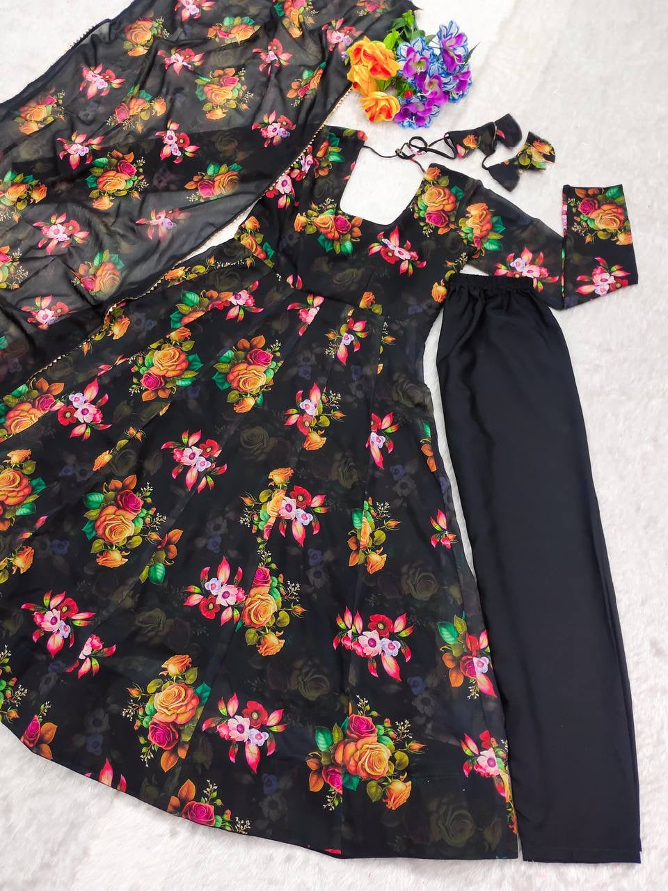 Black Floral Anarkali Suit