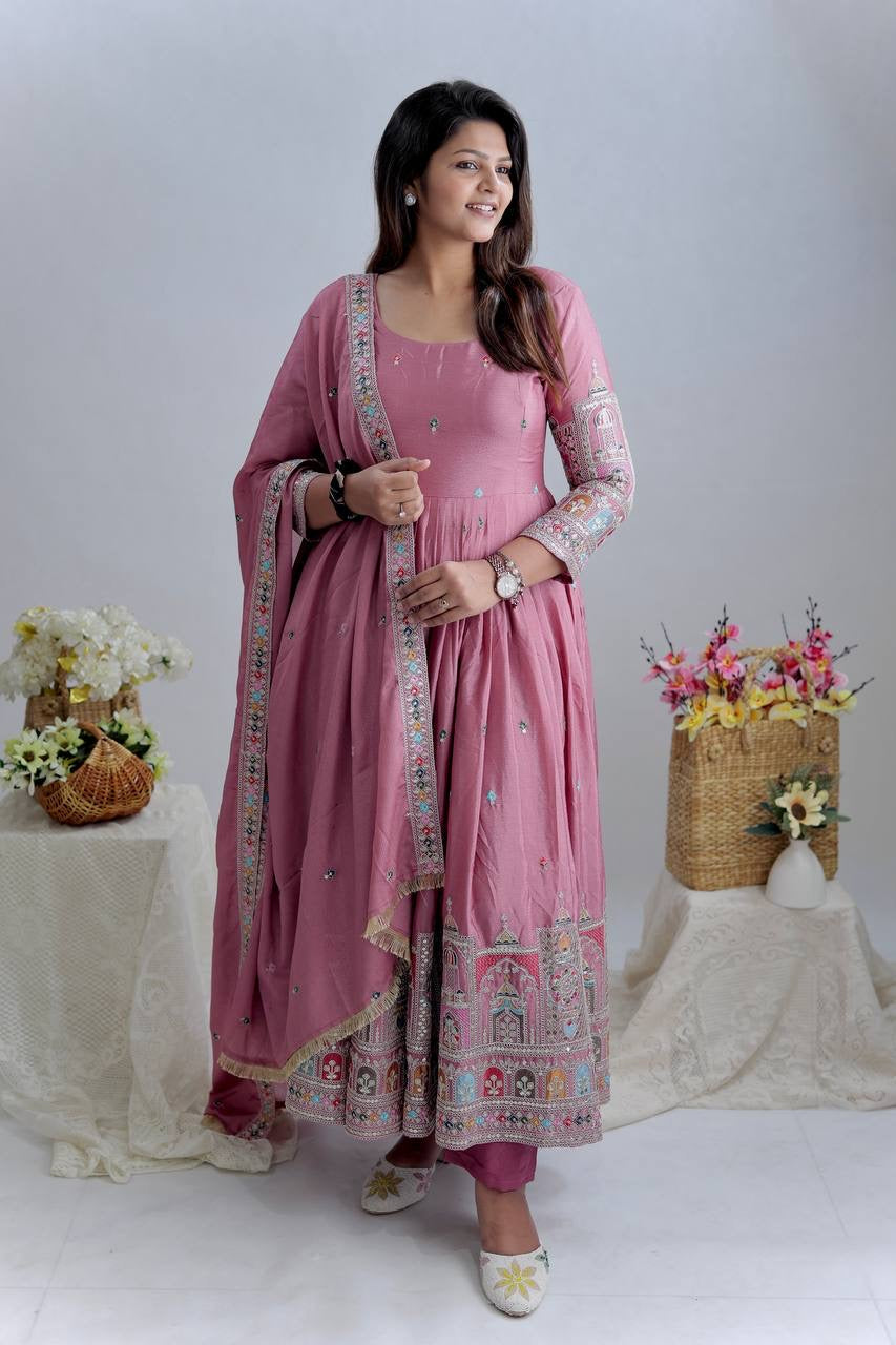 Designer Cinon Silk Embroidered Gown Pant Dupatta Set
