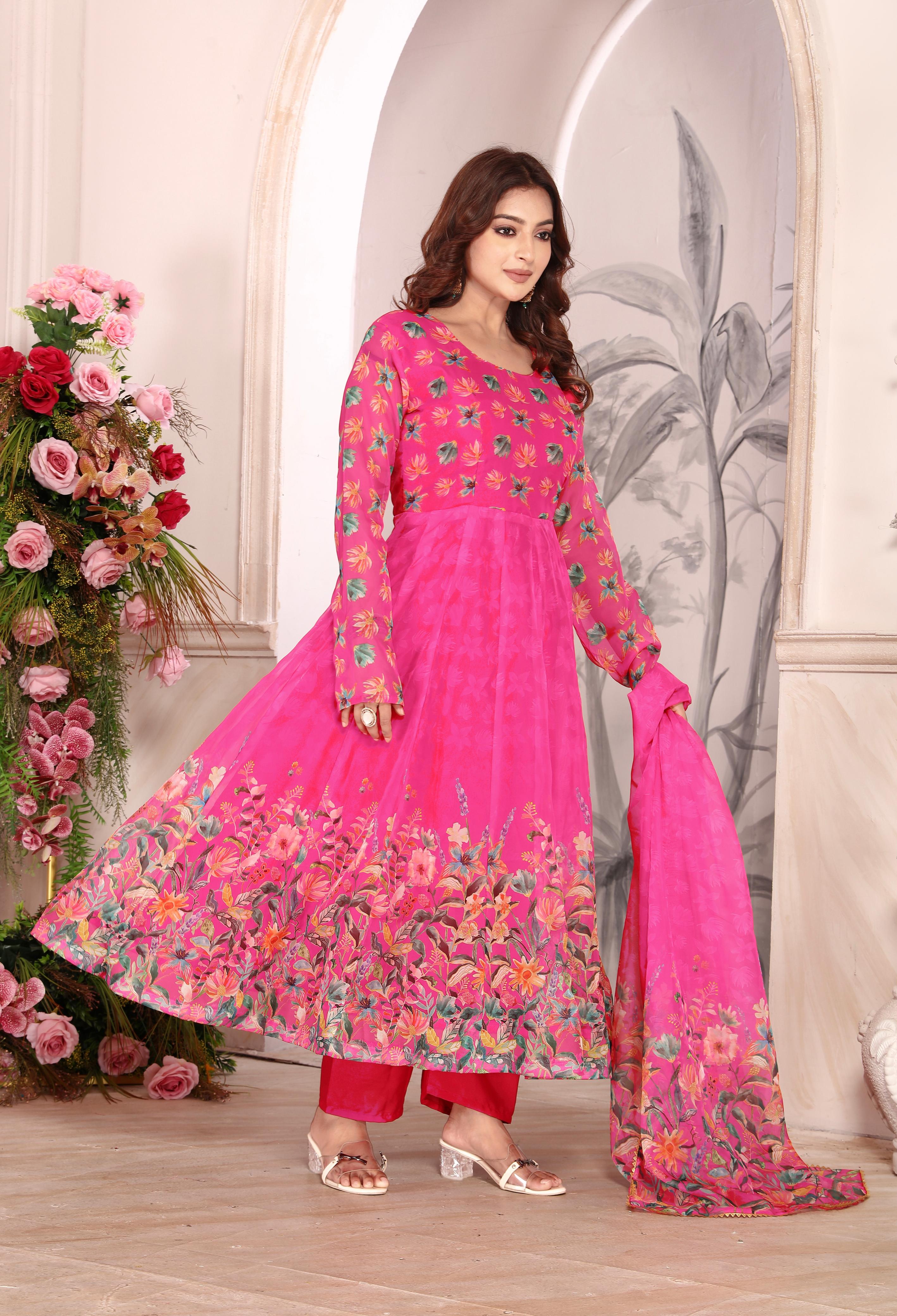 Pure Heavy Tebby Silk Floral Anarkali Pant Dupatta Set