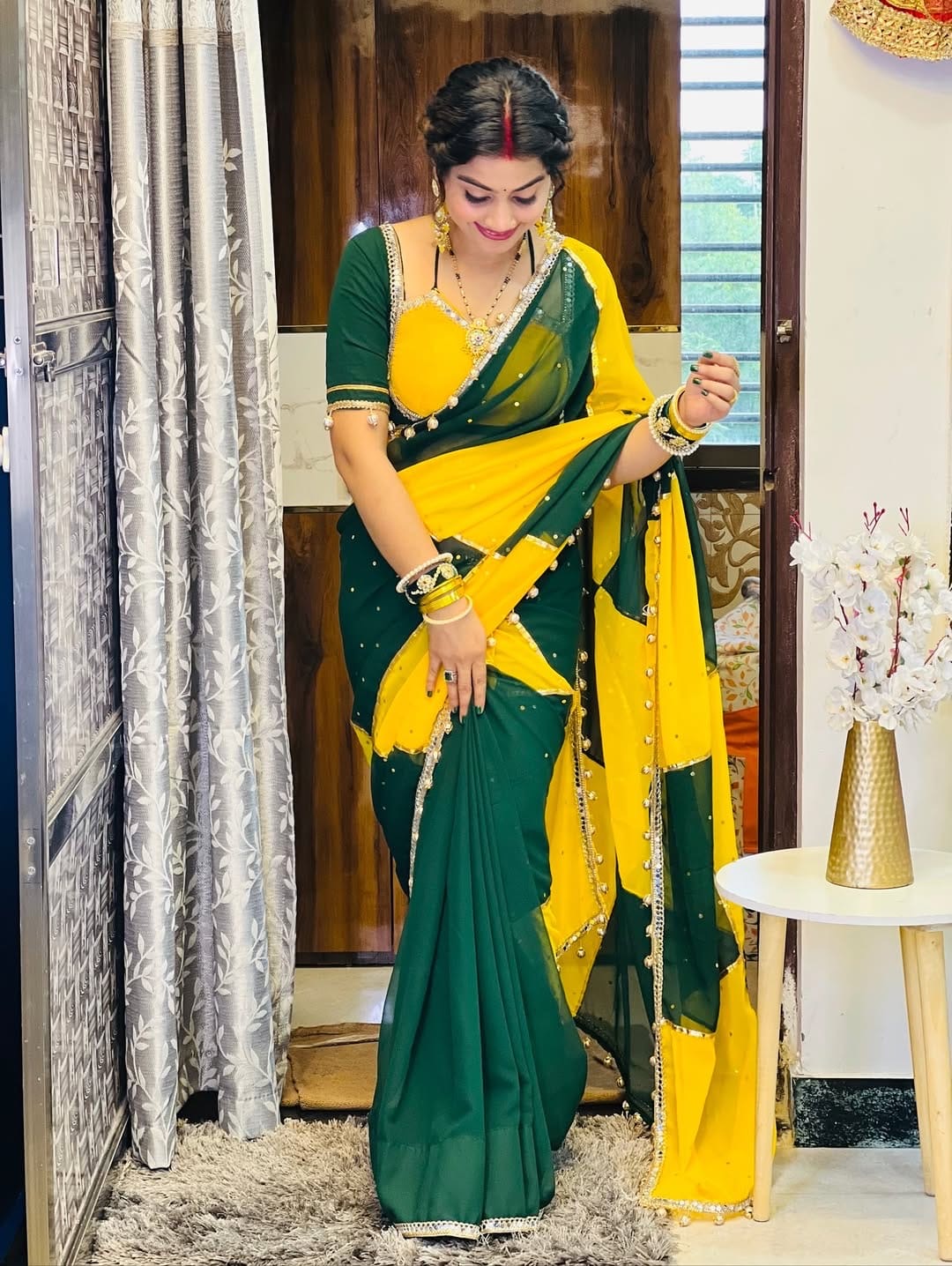 Beautiful Green–Yellow Dual Combination Saree