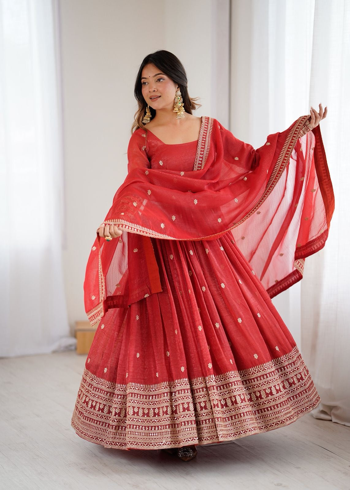 Premium Crunchy Silk Rust Anarkali With Dupatta