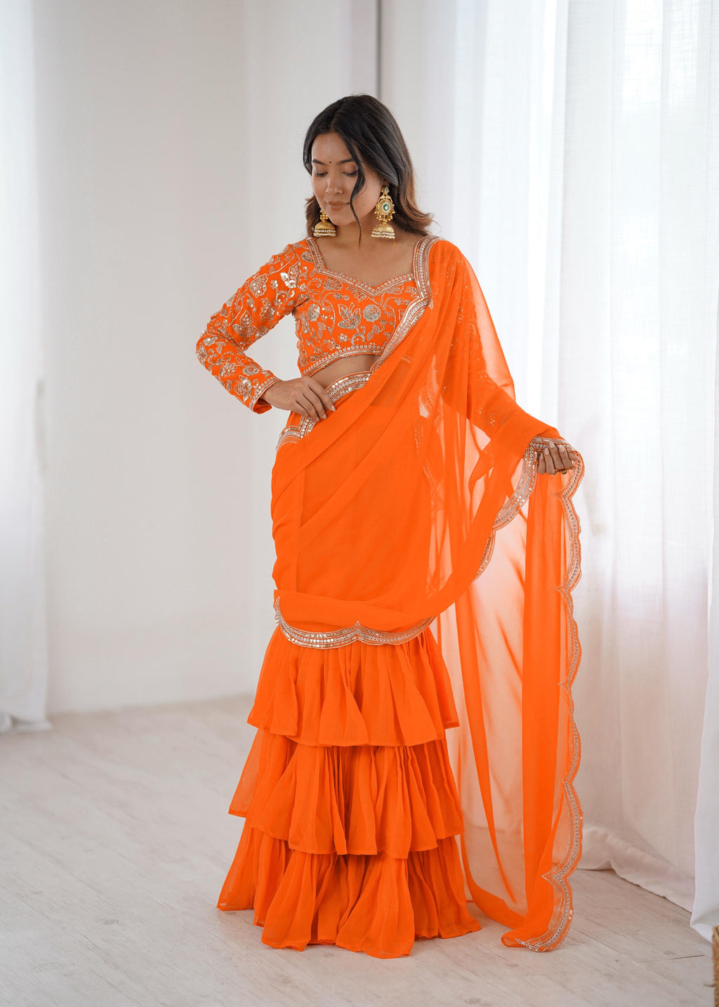 Radiant Orange Embroidered Ruffle Saree Set