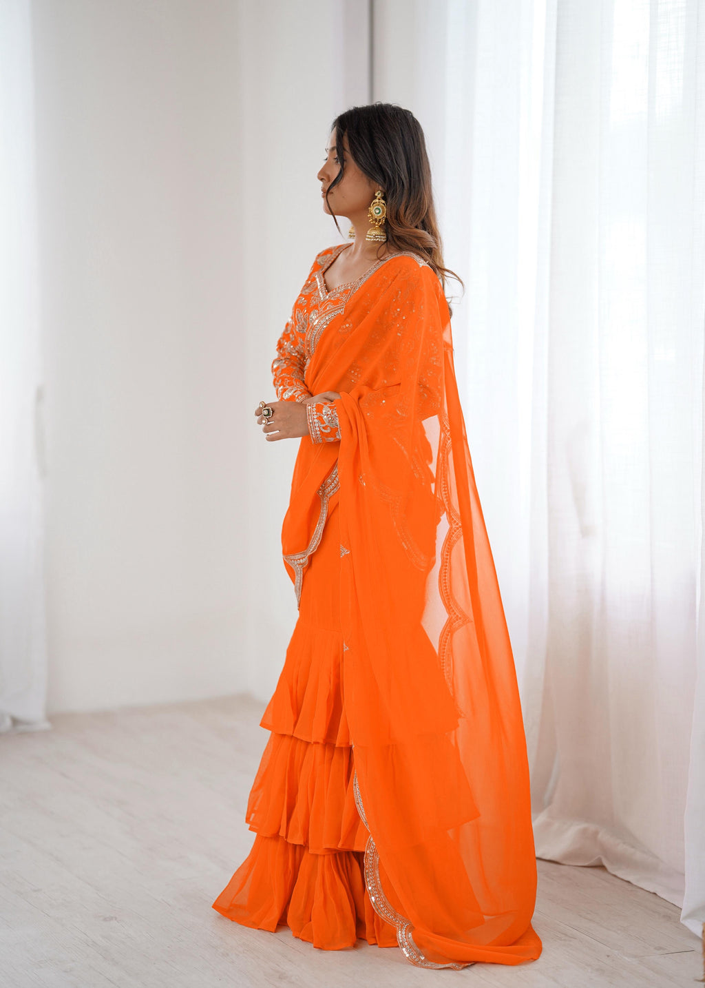 Radiant Orange Embroidered Ruffle Saree Set