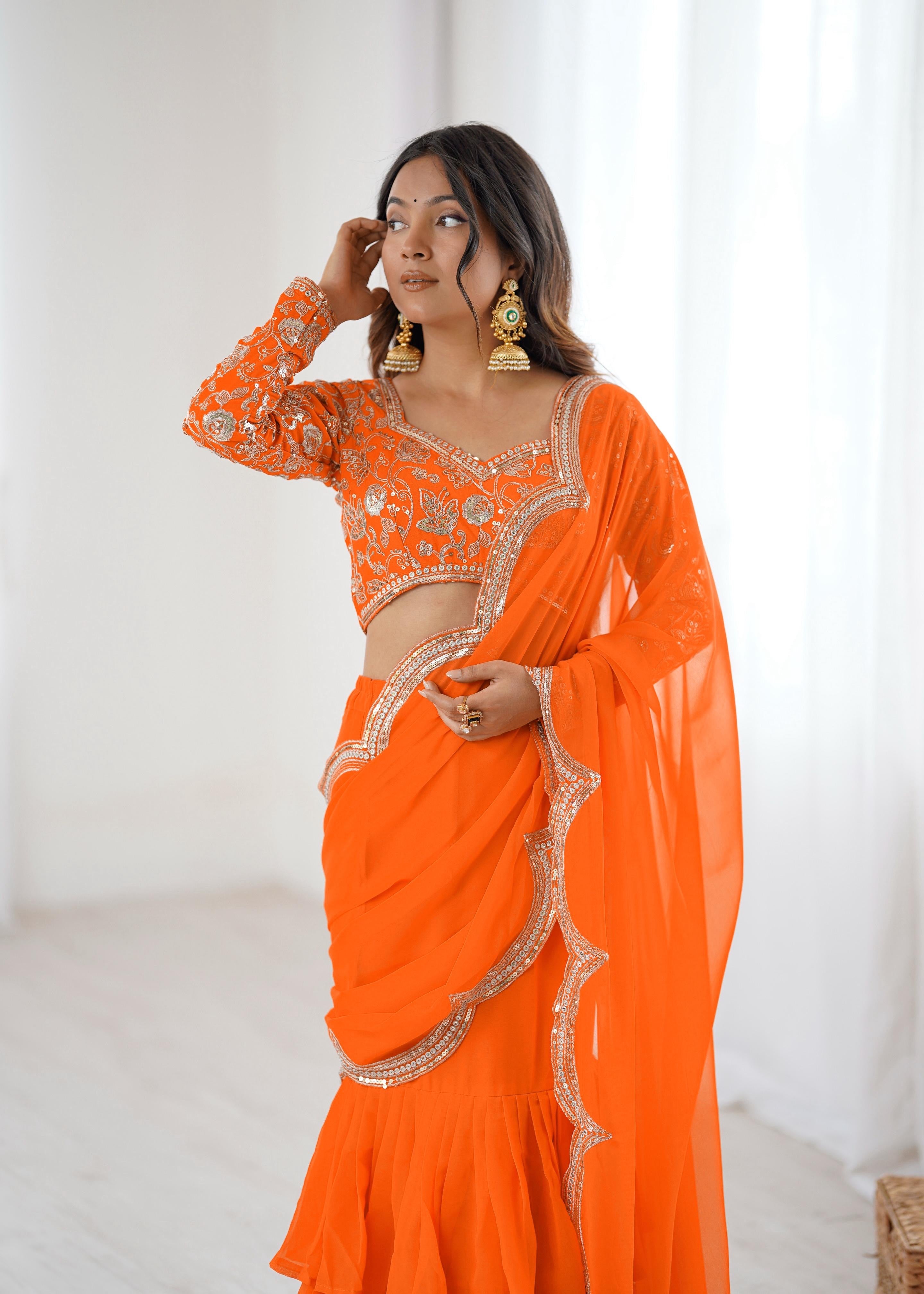 Radiant Orange Embroidered Ruffle Saree Set