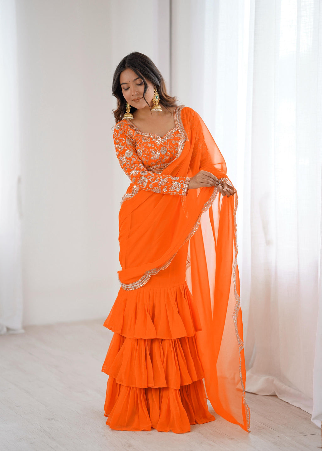 Radiant Orange Embroidered Ruffle Saree Set
