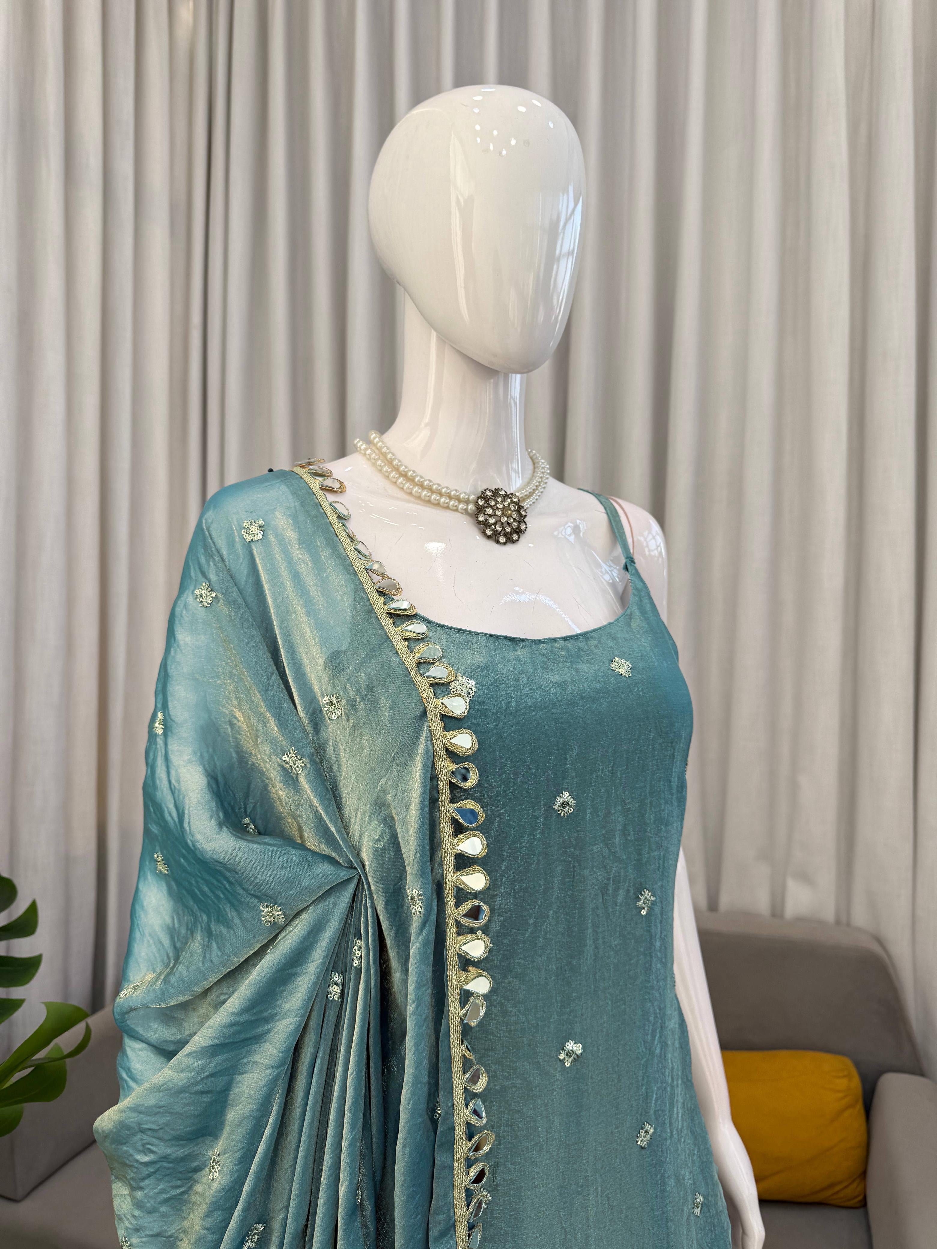 Premium Fendy Silk 3-Piece Suit Set with Mirror Work