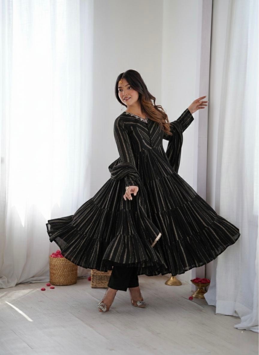 Mal Chanderi Ruffle Gown Set With Mirror Handwork Dupatta