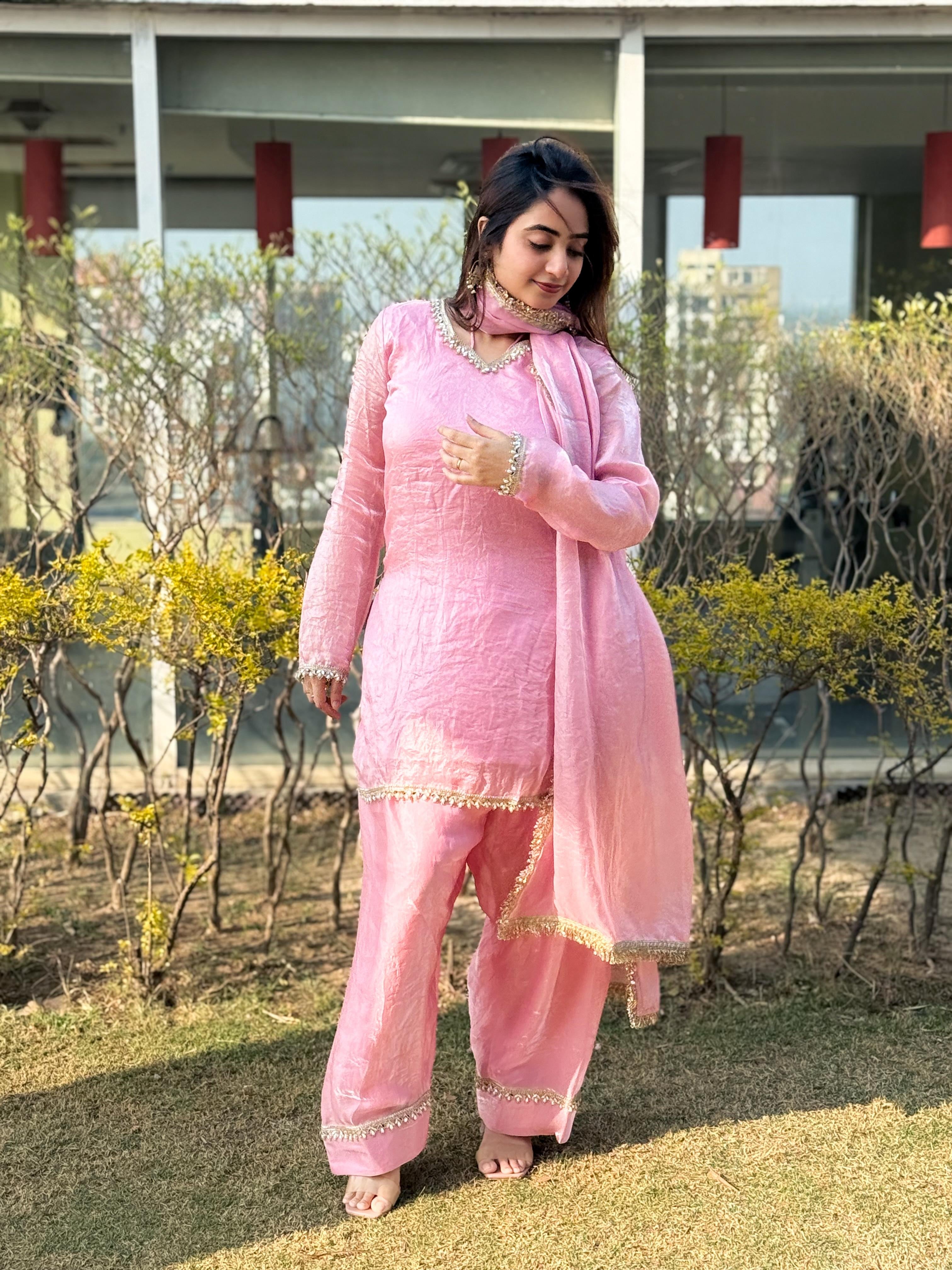 Designer Farsi Salwar Set – Fendi Satin Silk with Mirror Work